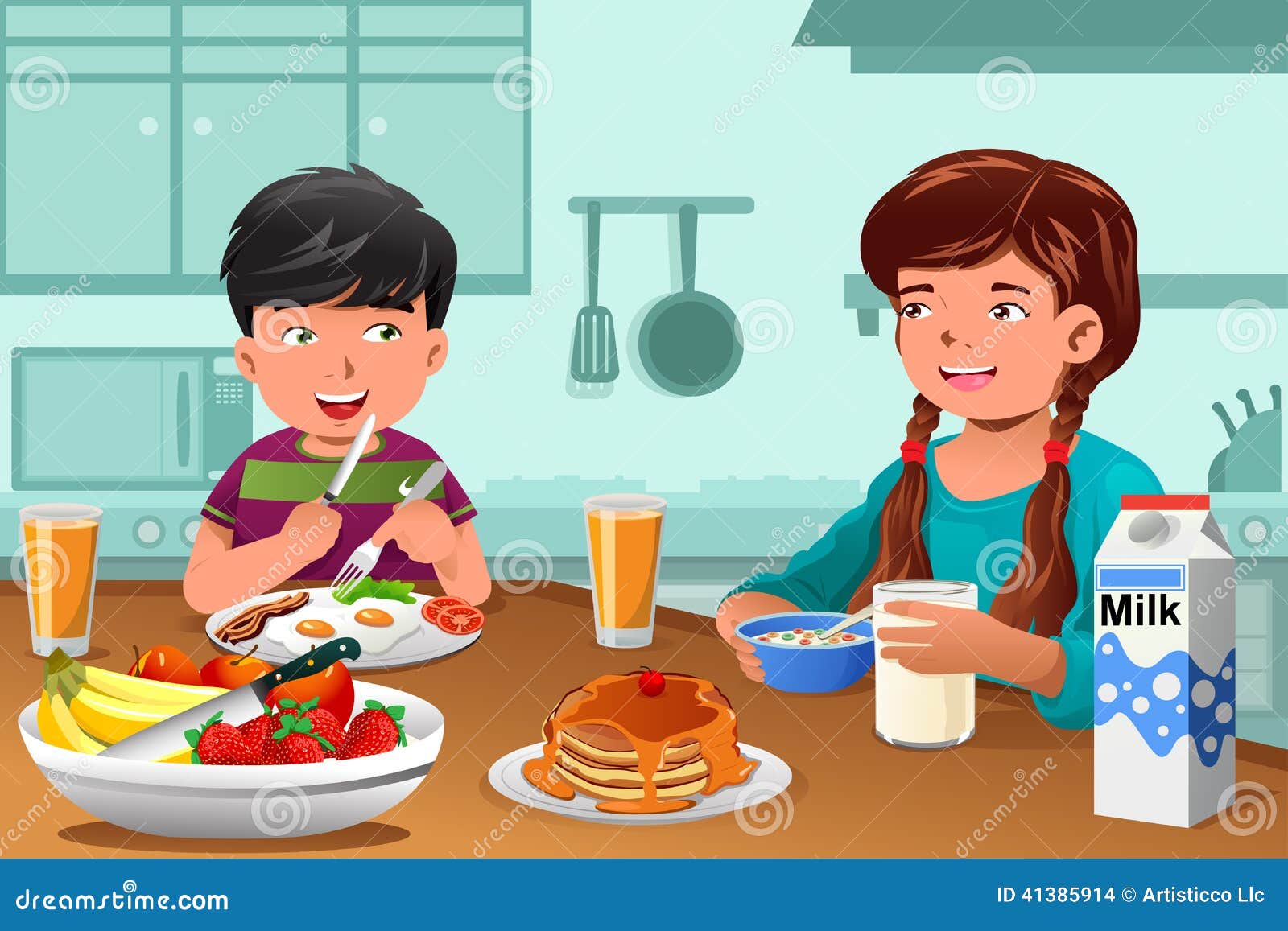vector illustration of happy kids eating healthy breakfast at home.