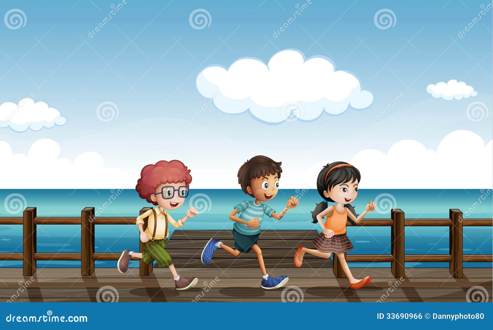 Illustration of kids running on a wooden bench.