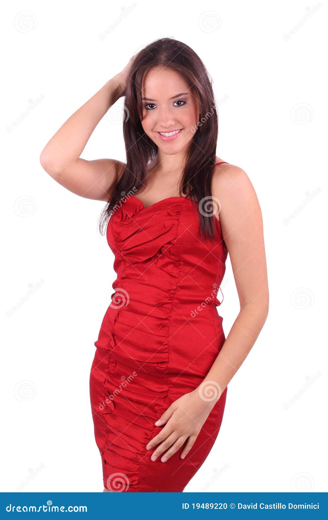 Fashion image of <b>pretty</b> <b>lady</b> in <b>red</b> dress over white.