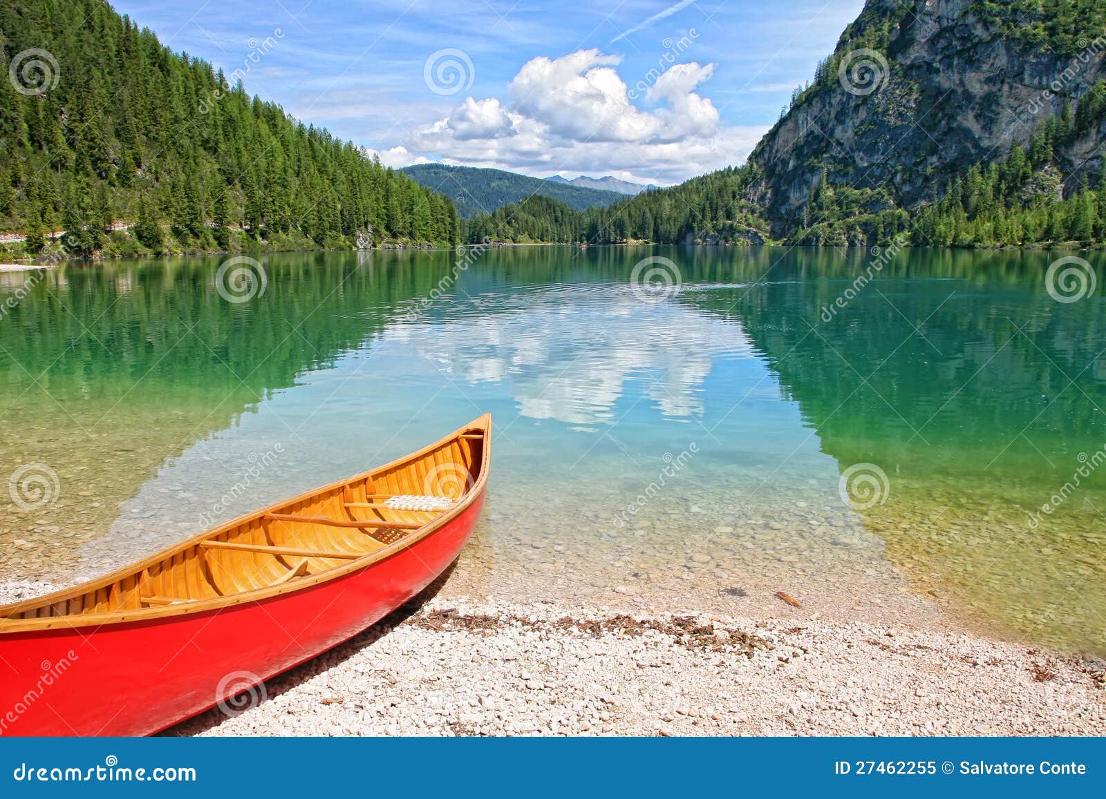 Lake of Braies with canoe in Dolomiti Mountains - Italy Europe.