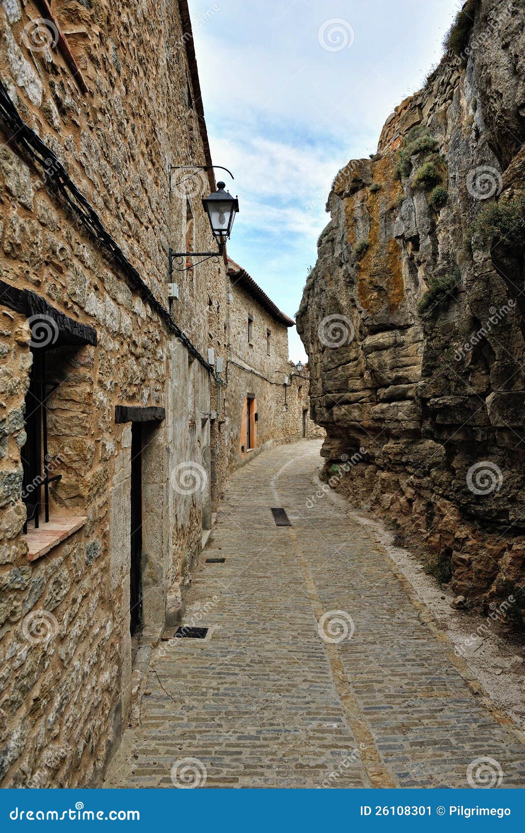 Landscape with old spanish town Ares. Streets of the small town.