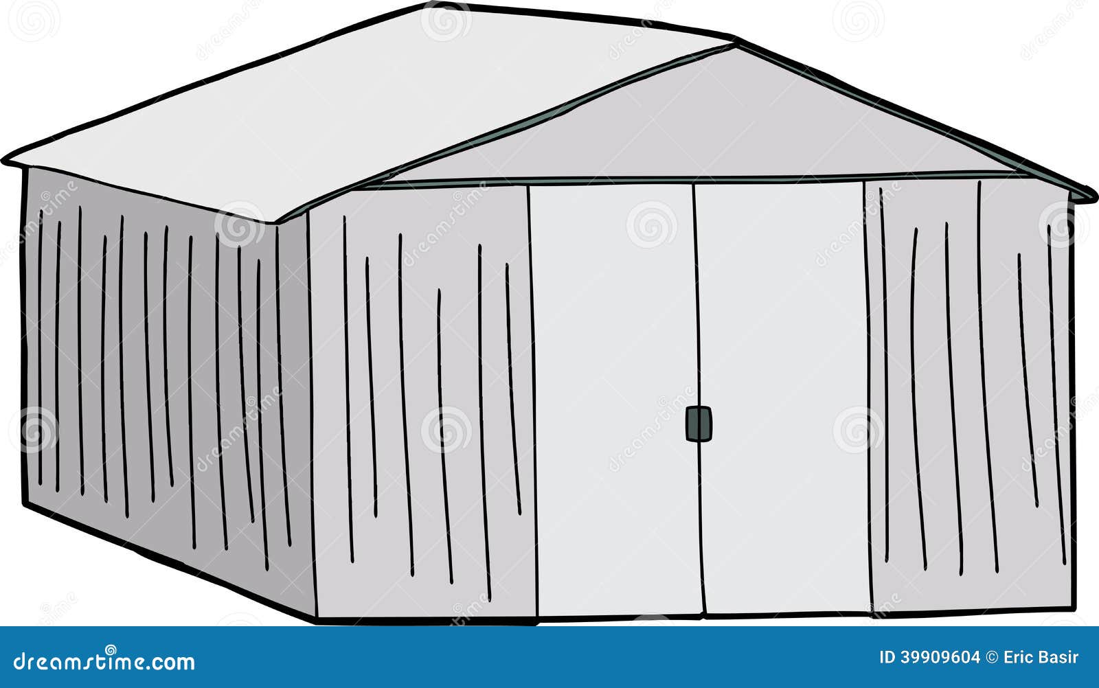 Cartoon of large shed with double doors on white background.