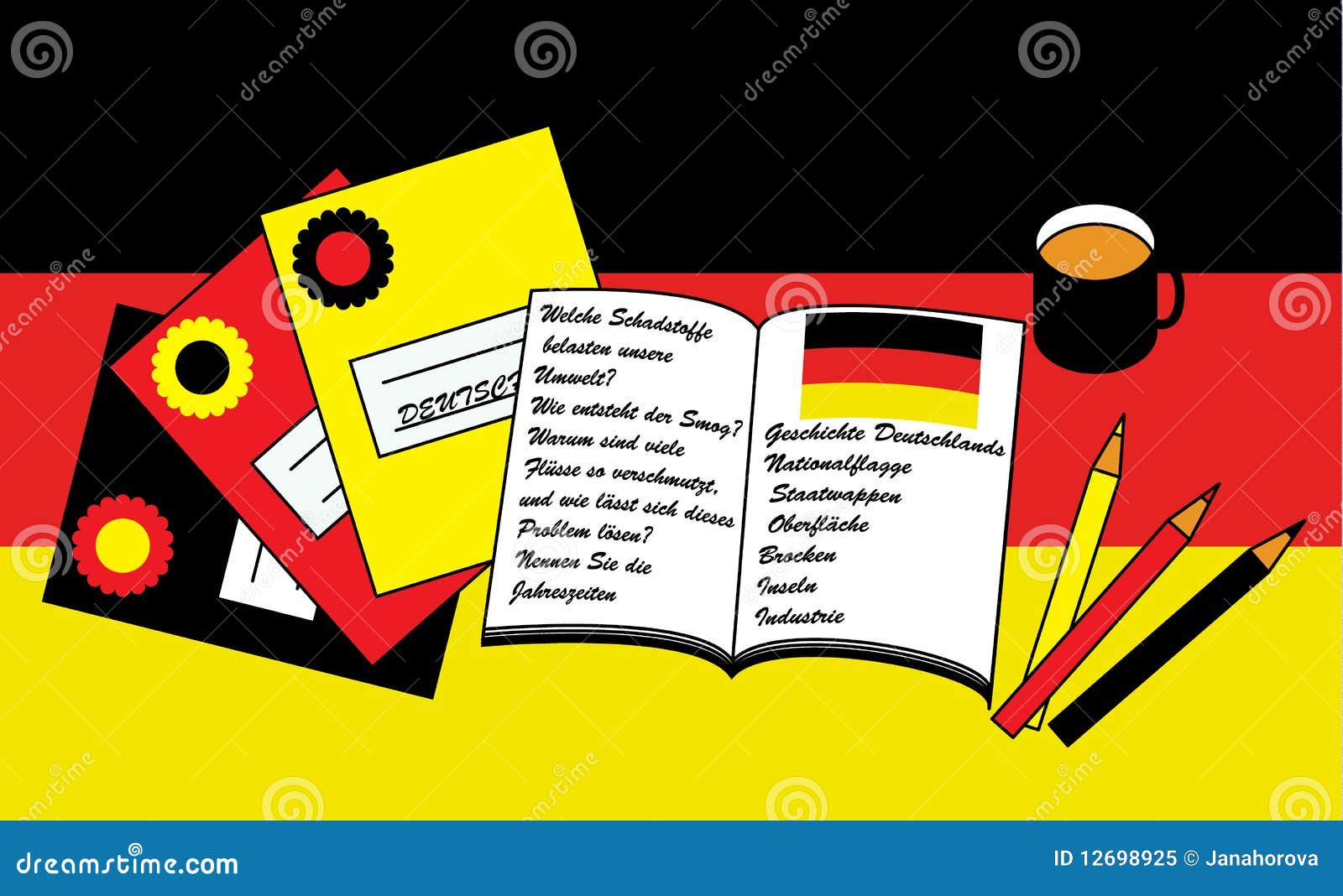 Equipment for learning German on the German flag background.