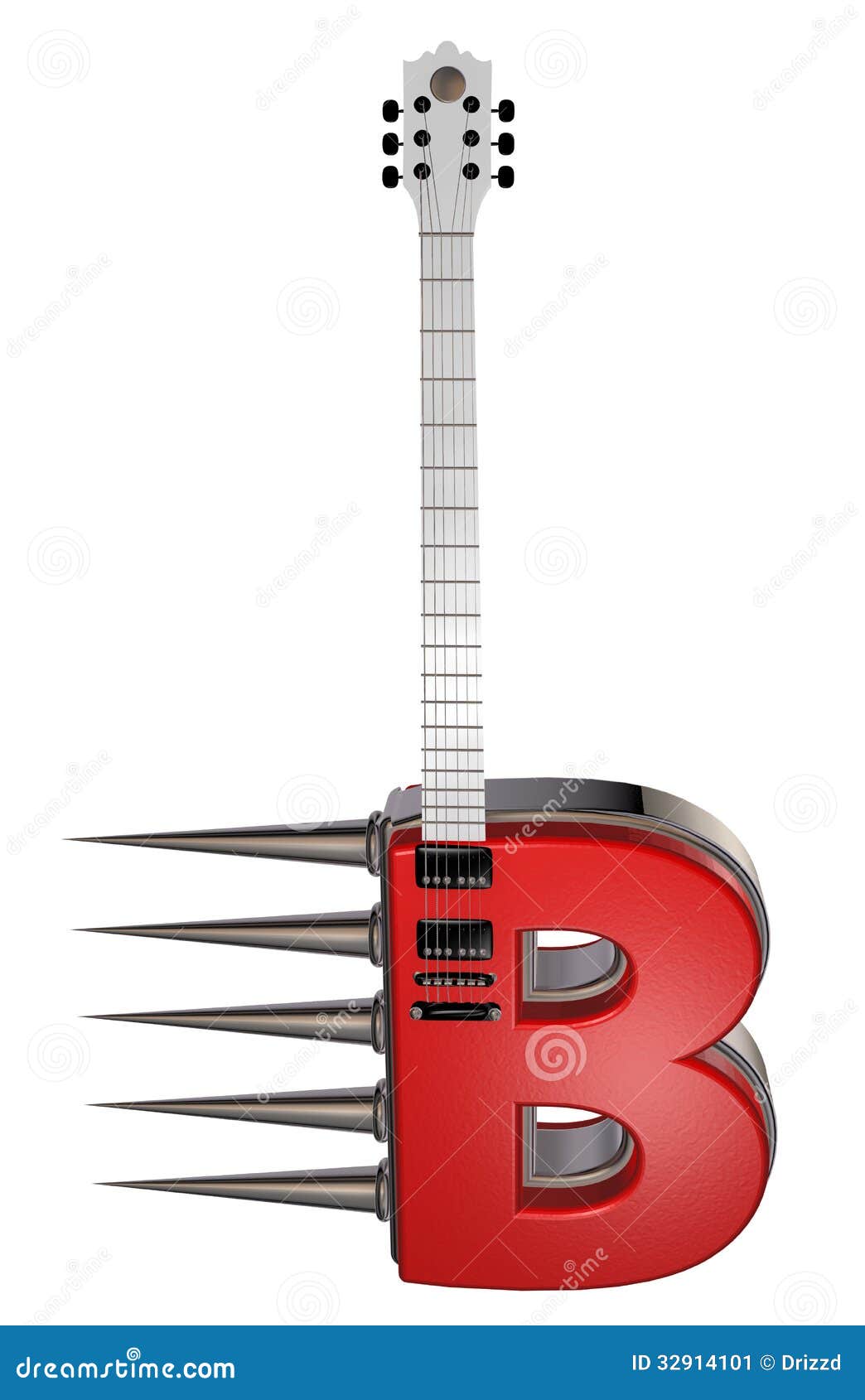 Letter b guitar with prickles on white background - 3d illustration.