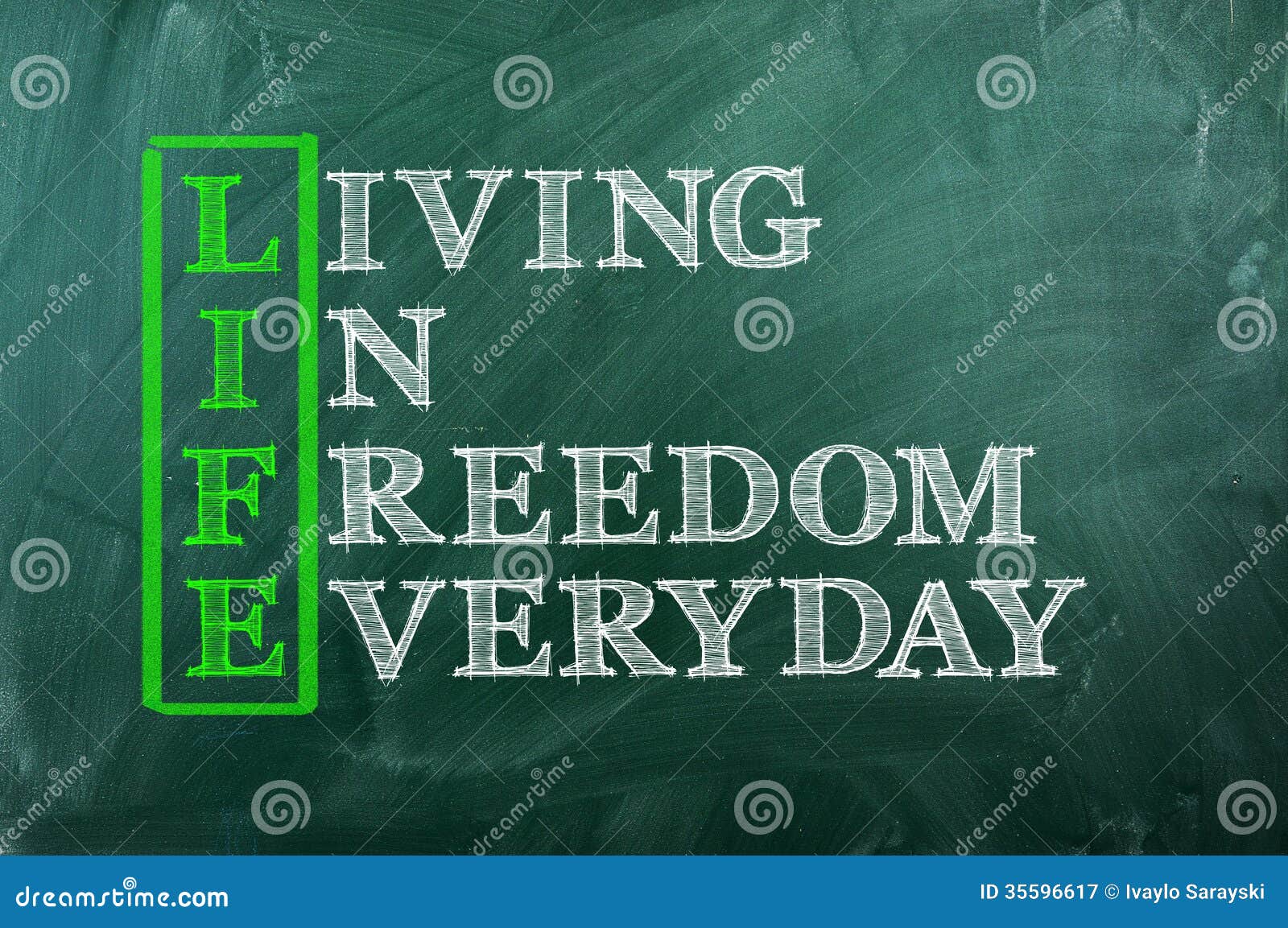 life freedom acronym concept other releated words green chalkboard 35596617