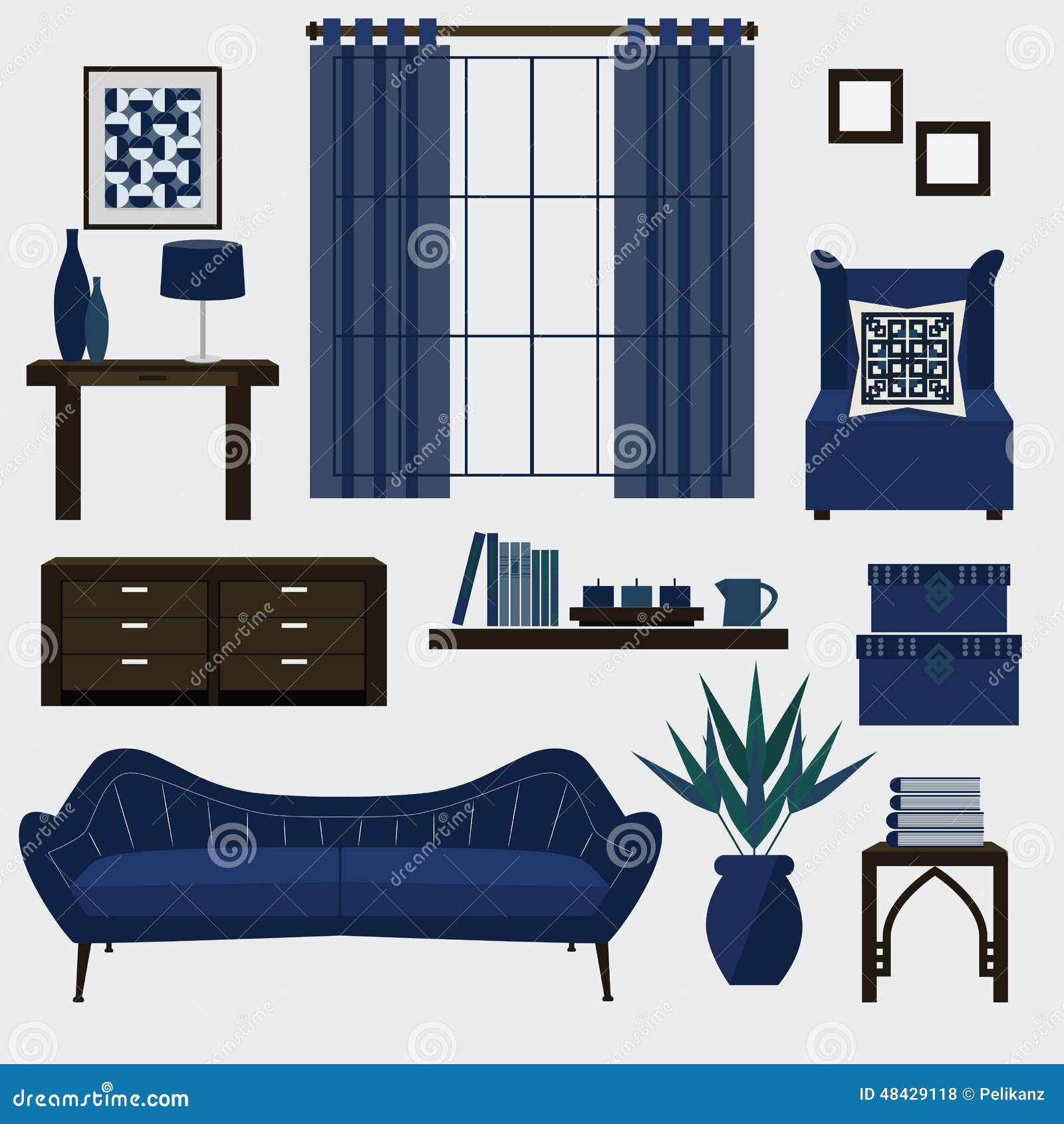 Living room furniture and accessories in color navy blue- Couch, chair 