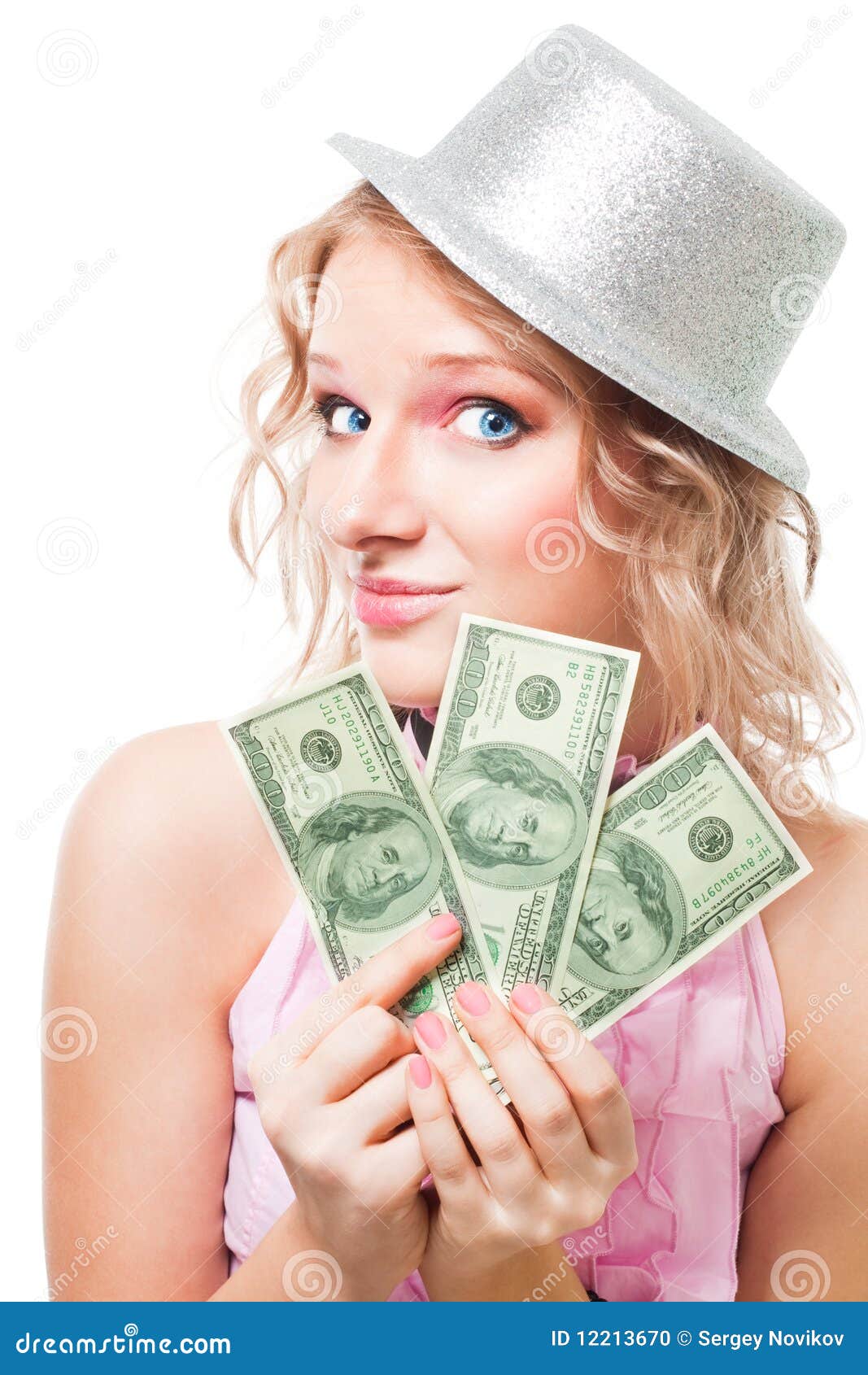 Magician woman with cash dollars make a trick, isolated. - magician-woman-dollars-12213670