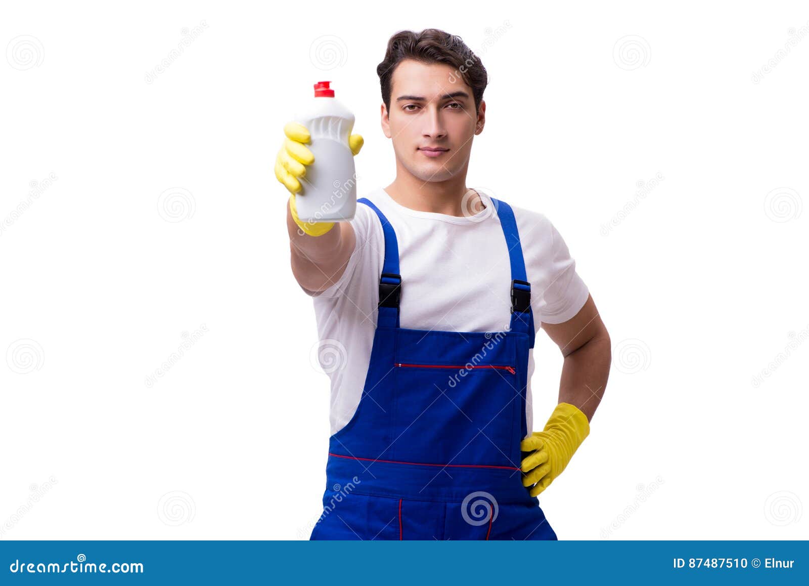 The Man With Cleaning Agents Isolated On White Background Stock Photo