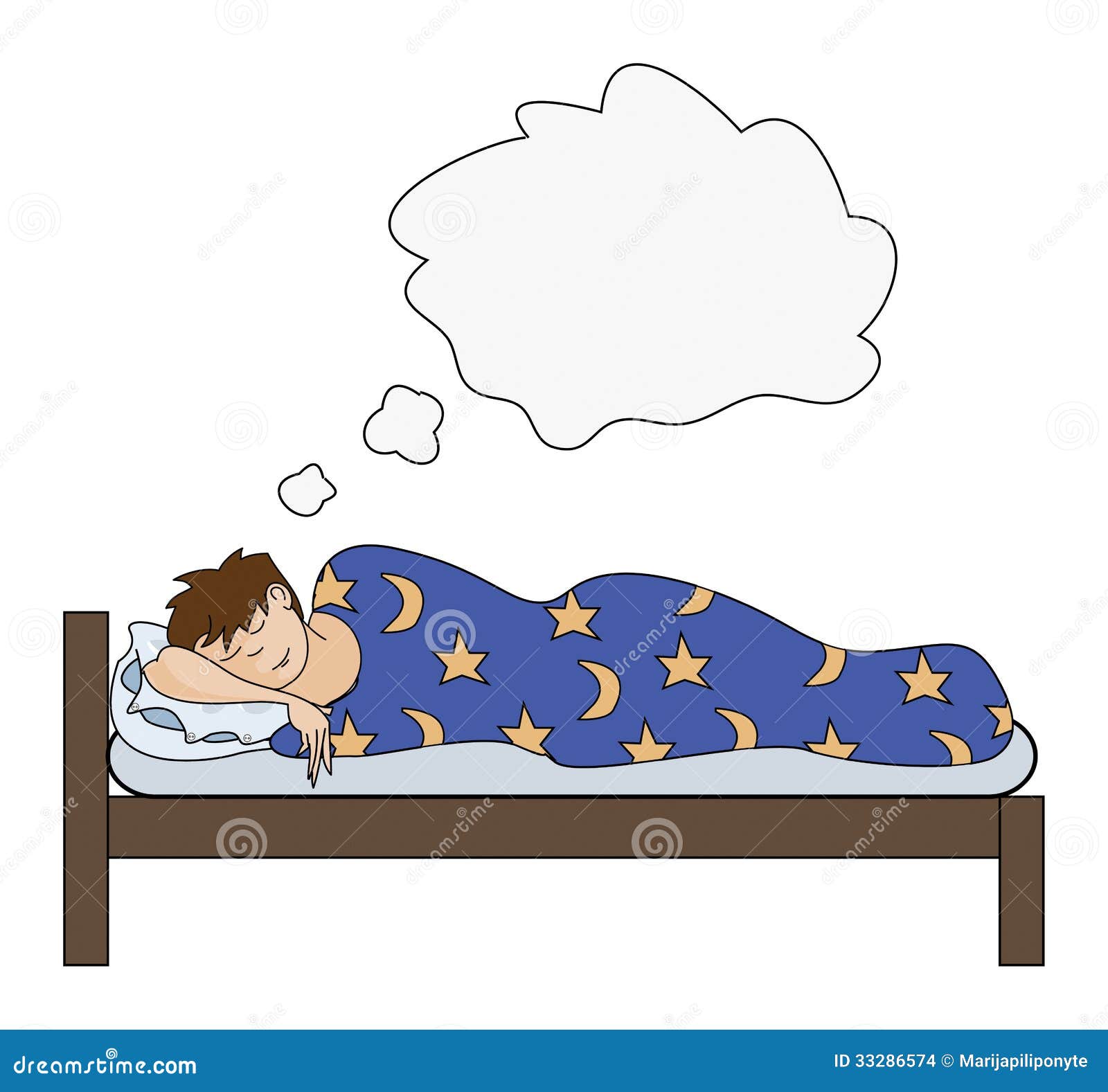Boy sleeping in bed, with speech bubble, dreaming.