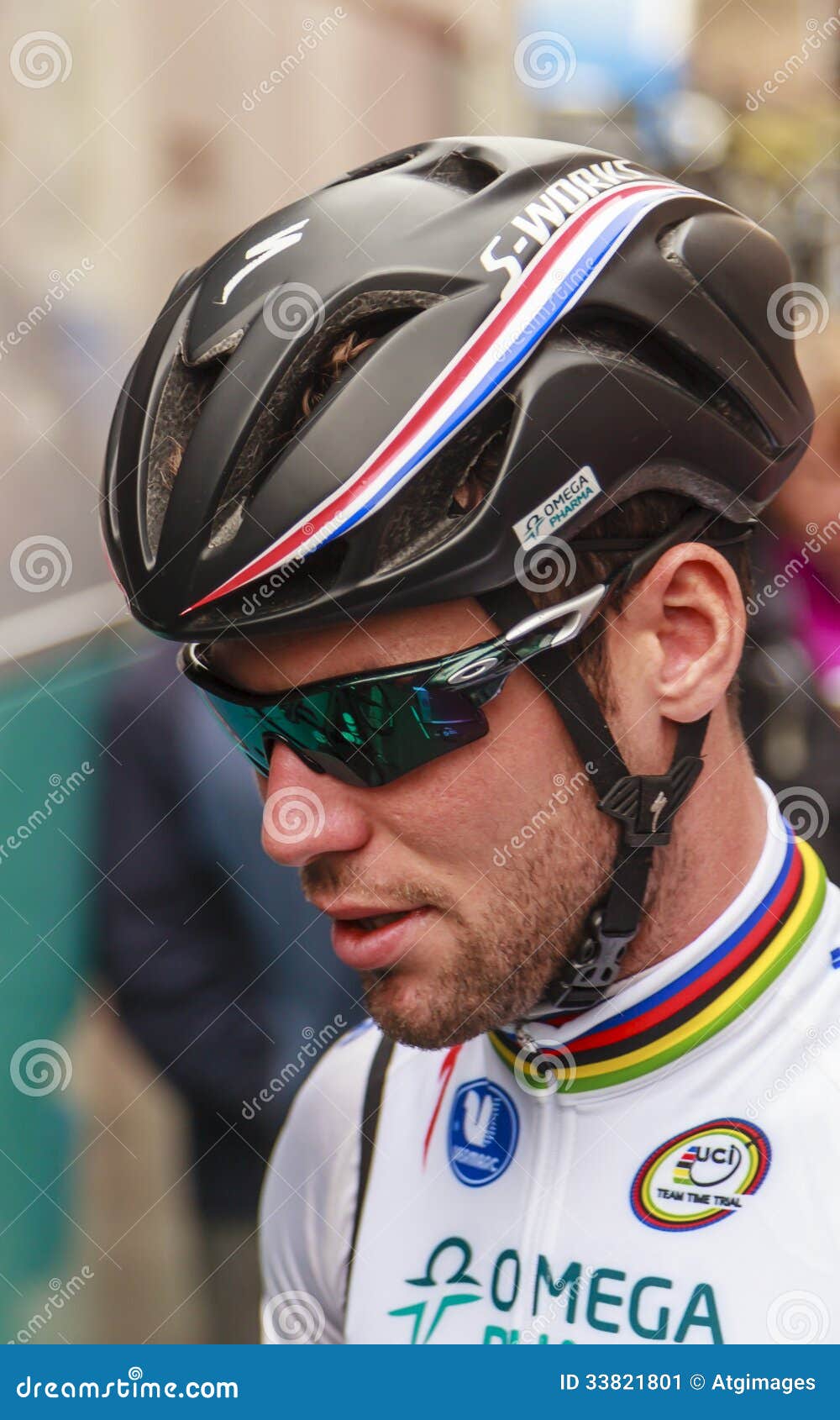 Mark Cavendish of professional cycling team Omega Pharma-Quick Step prepares for stage 2 of the 2013 Tour of Britain in Carlisle, England. - mark-cavendish-professional-cycling-team-omega-pharma-quick-step-prepares-stage-tour-britain-carlisle-england-33821801