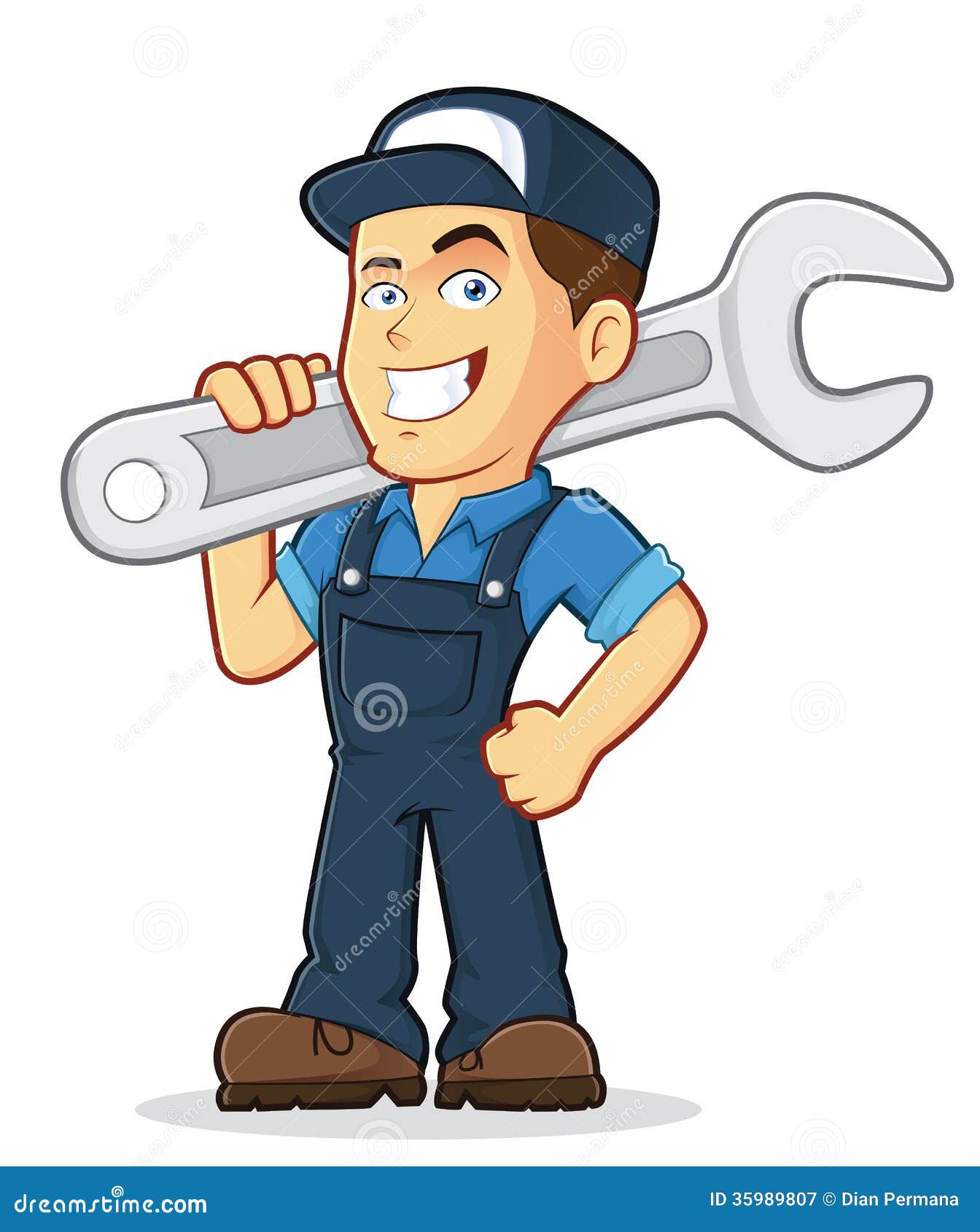 Vector clipart picture of a male mechanic cartoon character holding a ...