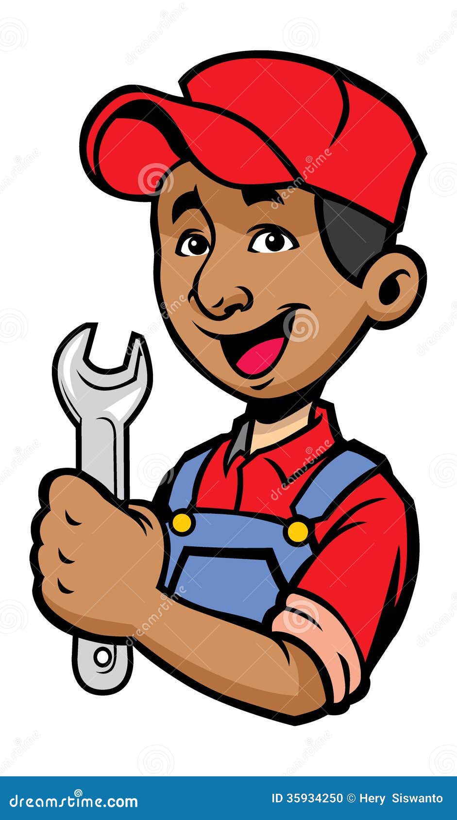Vector of smiling mechanic hold a wrench.