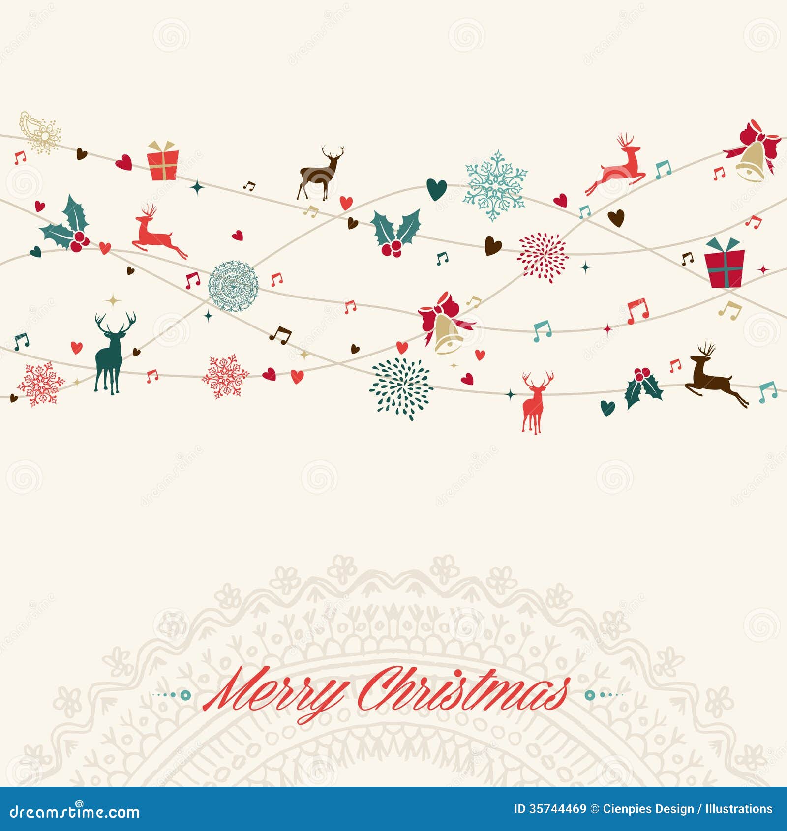 Vintage Christmas garland colors elements greeting card illustration ...