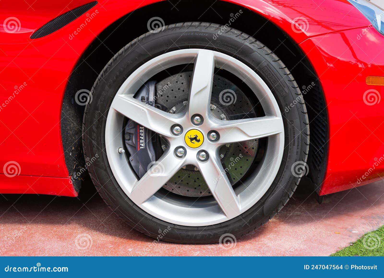 Miami Beach Florida USA April 15 2021 Red Ferrari Wheel Tire With