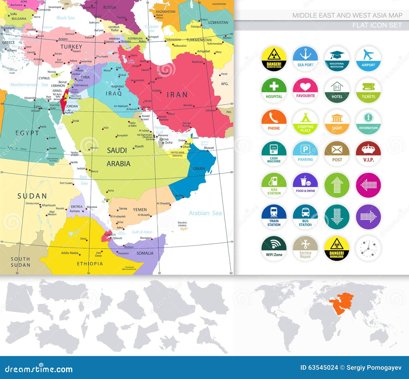 Middle East And West Asia Map And Flat Icons Stock Vector - Image: 63545024