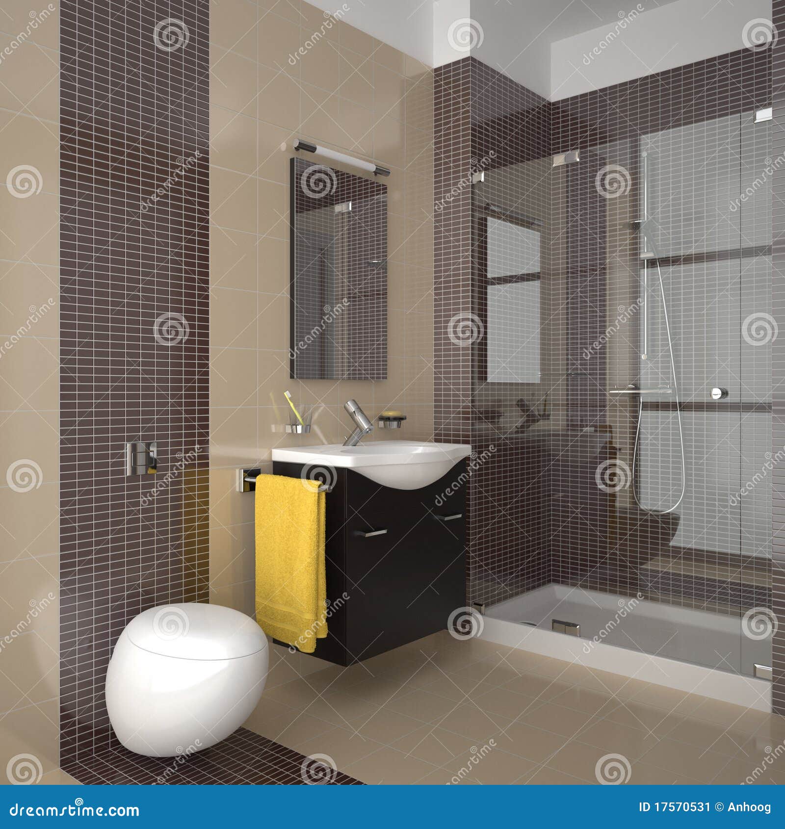 Modern Bathroom With Beige And Brown Tiles Stock Image - Image ...