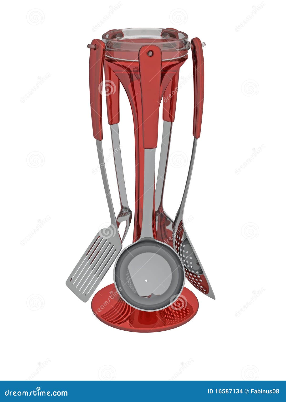 Illustrated set of modern kitchen utensils on circular rack, isolated ...