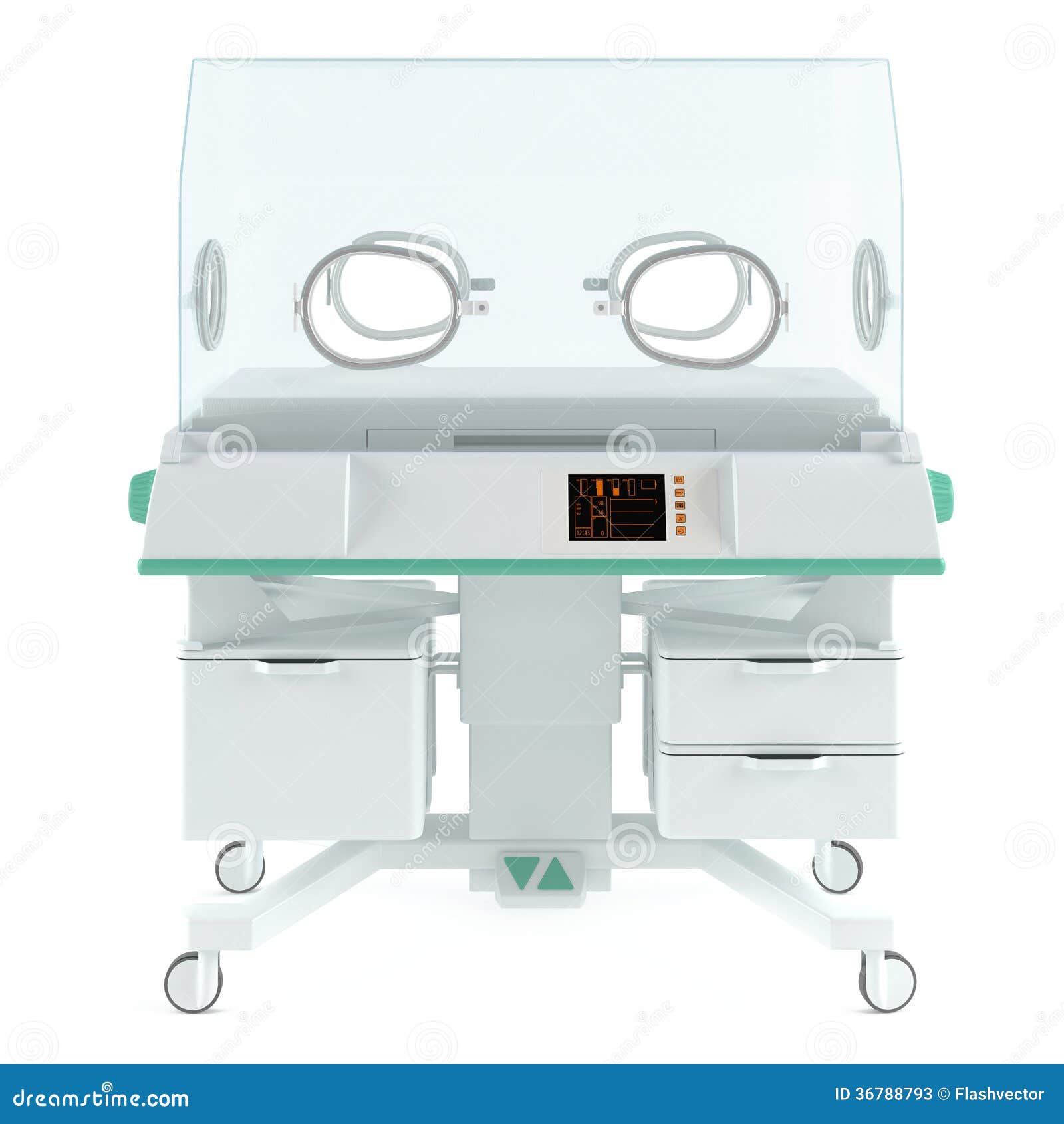 Modern neonatal baby incubator isolated at the white background.