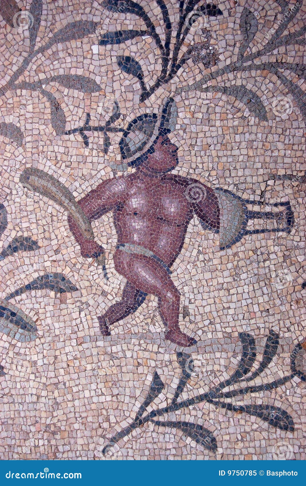Ancient Roman mosaic of a gladiator. The mosaic is in the garden of 