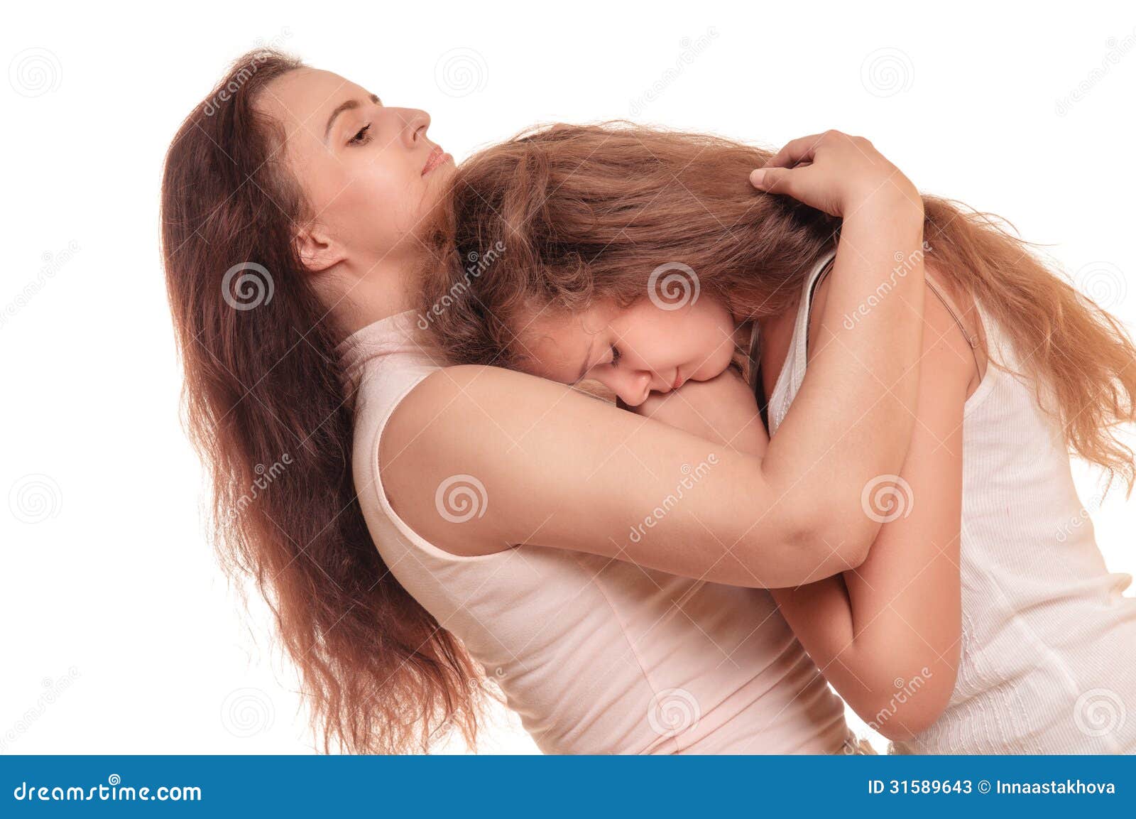 Lesbian mom comforting sad daughter