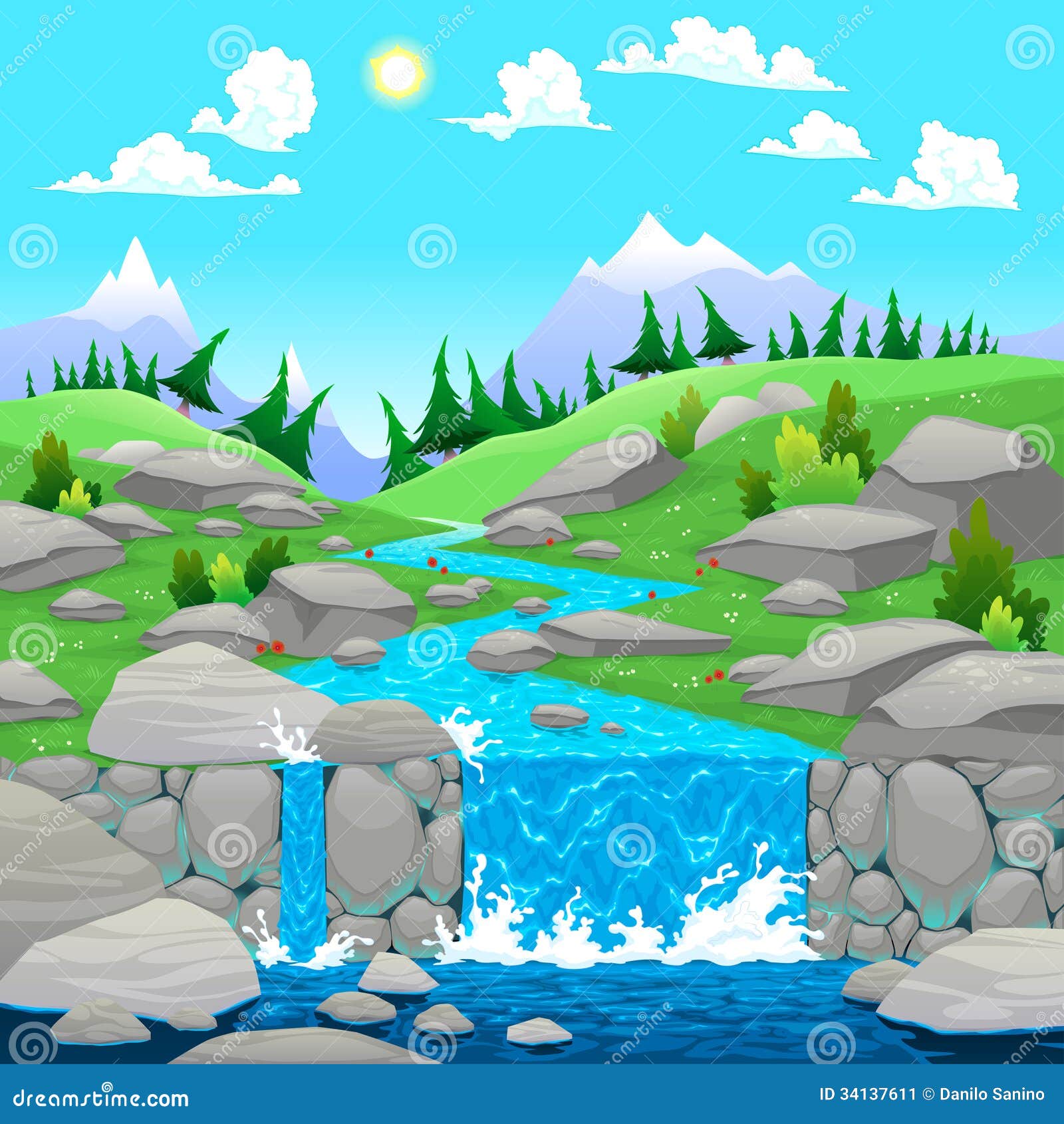 Mountain Cartoon Mountain landscape with river.