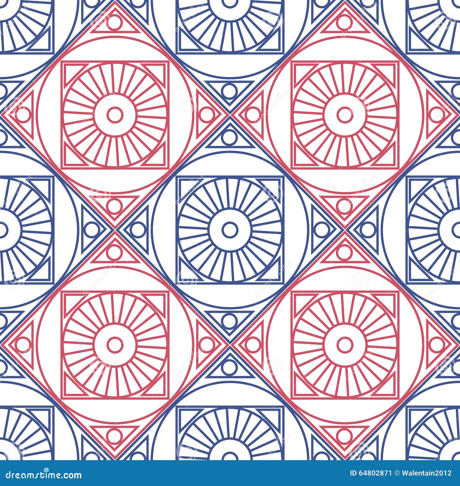 Behang Ruit naadloos vectorpatroon symmetrische geometrische achtergrond met rode en blauwe ruit en cirkels op de witte achtergrond decoratief 64802871 - Behang Ruit
