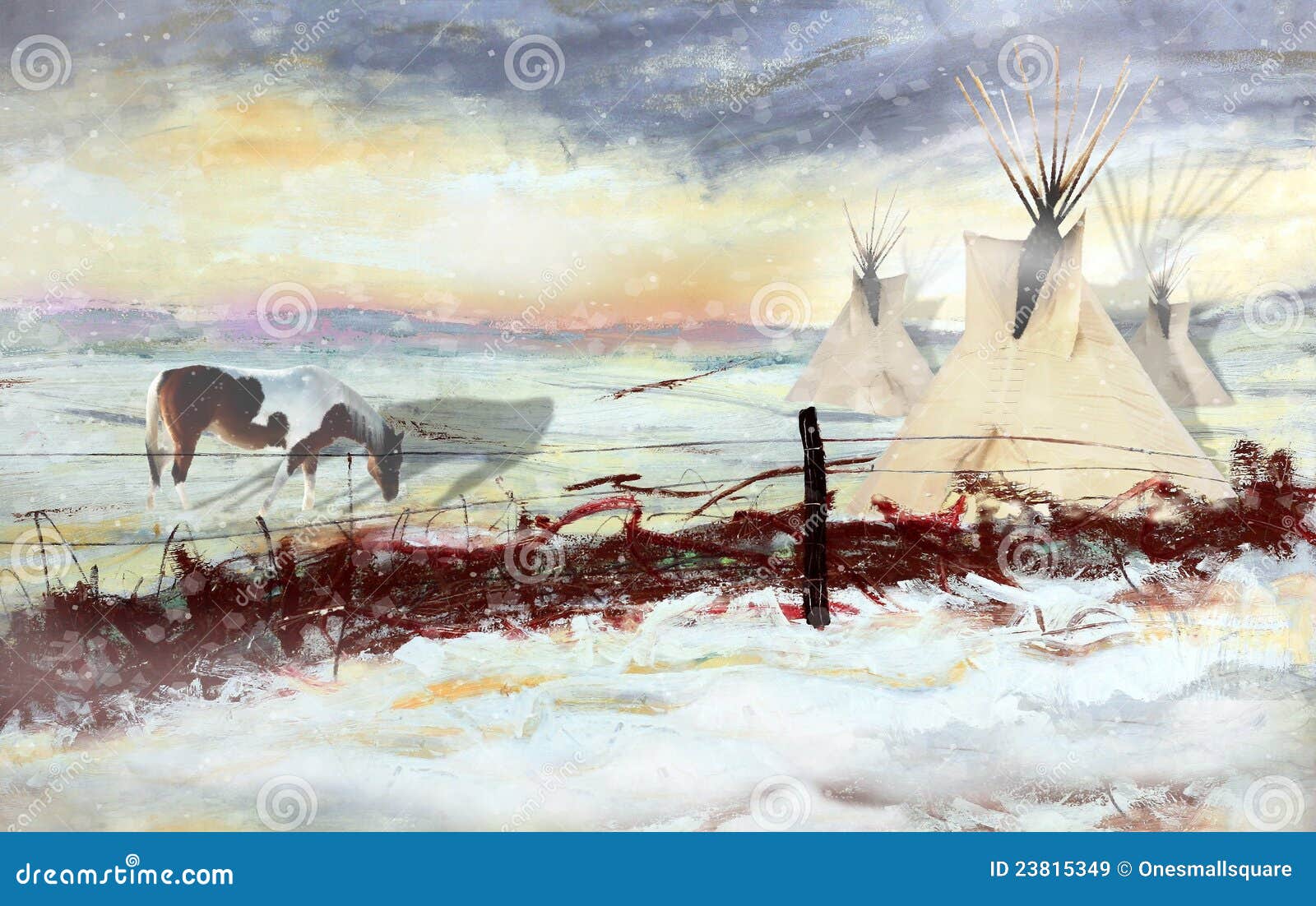 Native American Landscape Illustration of a community of tipi's and a ...