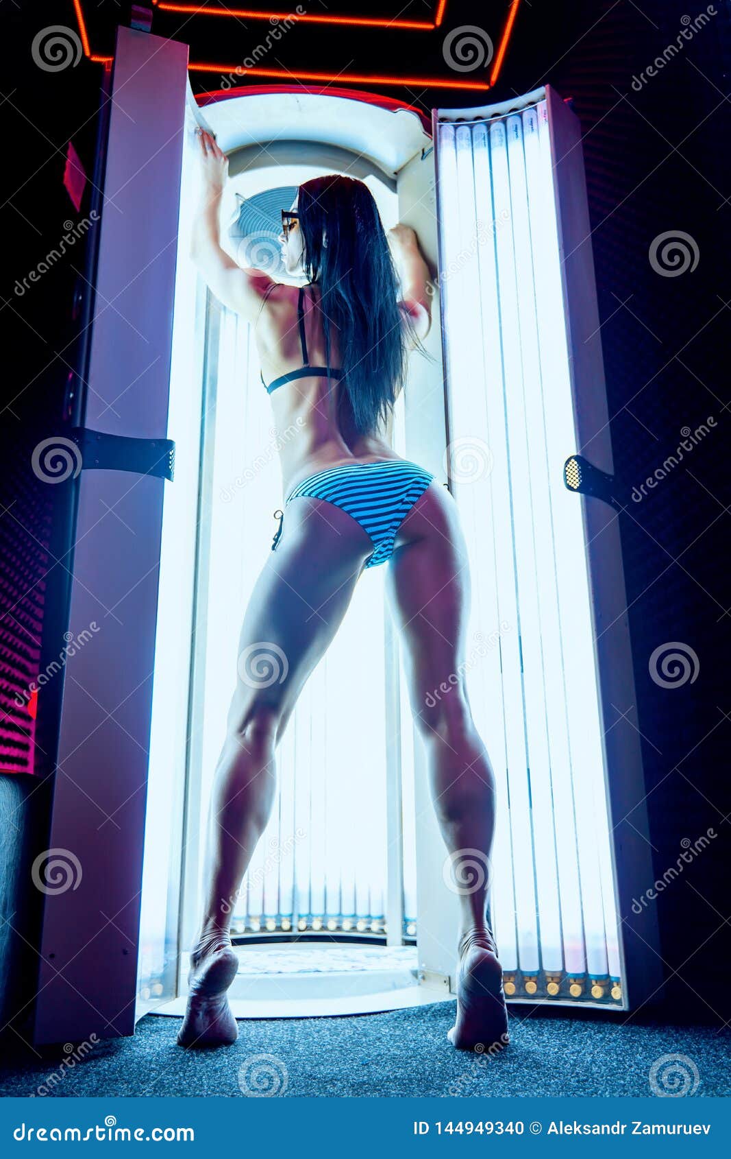 Neon Light And Girl Beautiful And Athletic Woman With Naked Healthy