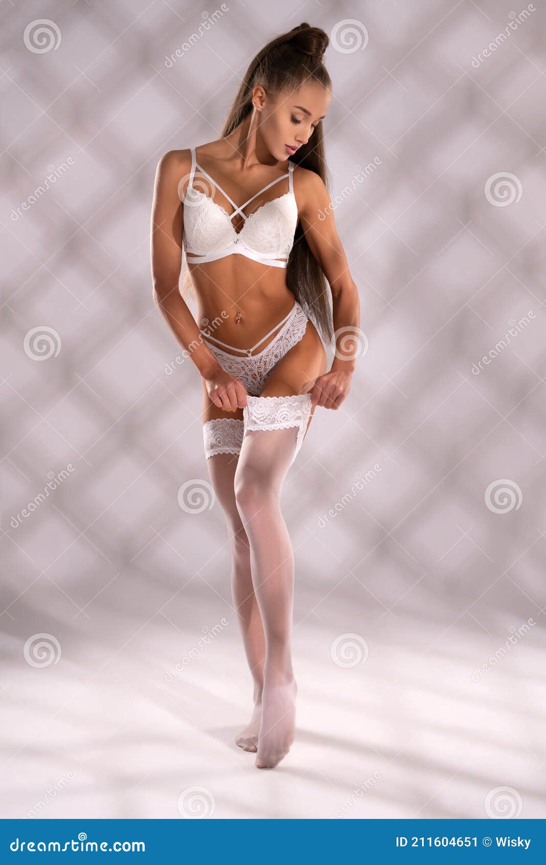 Slender Woman Undress White Lingerie In Studio Stock Image Image Of