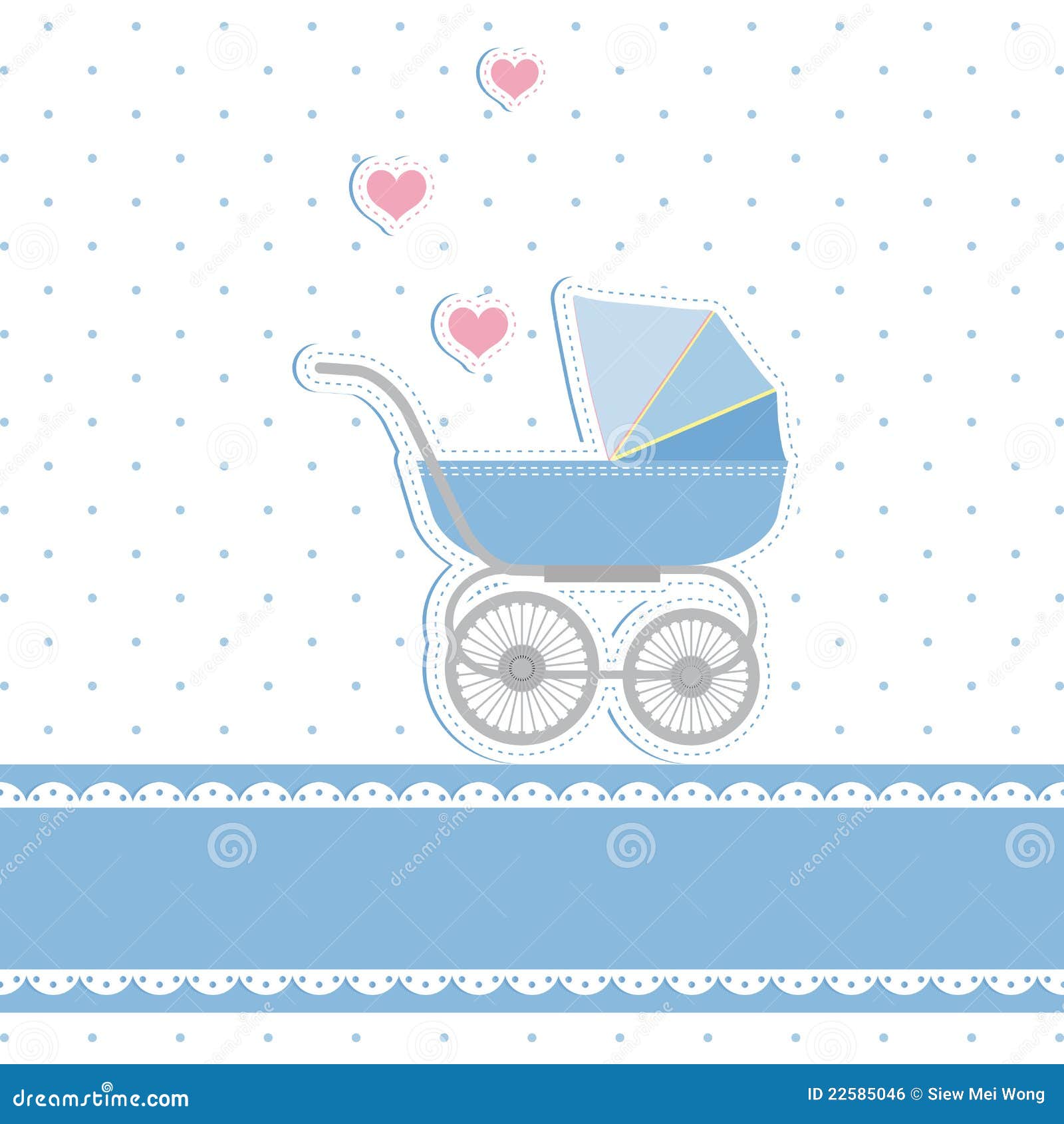 New baby boy shower invitation card on polka dot background.