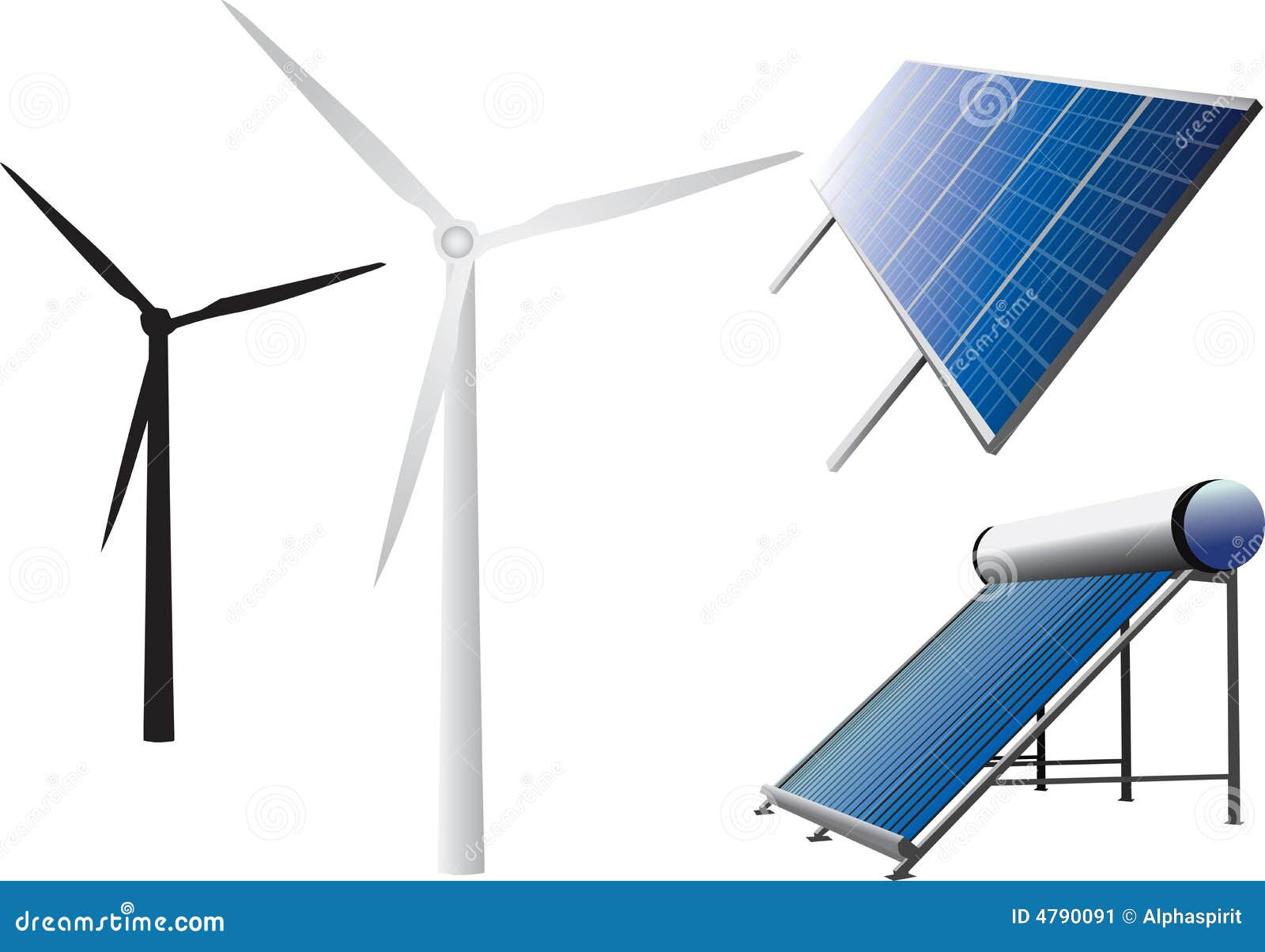 Icons of solar water heating system, solar panels, wind turbines.
