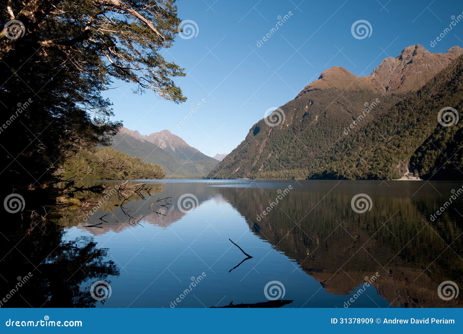 Scenic landscape of Mountains reflected in a lake in New Zealand.