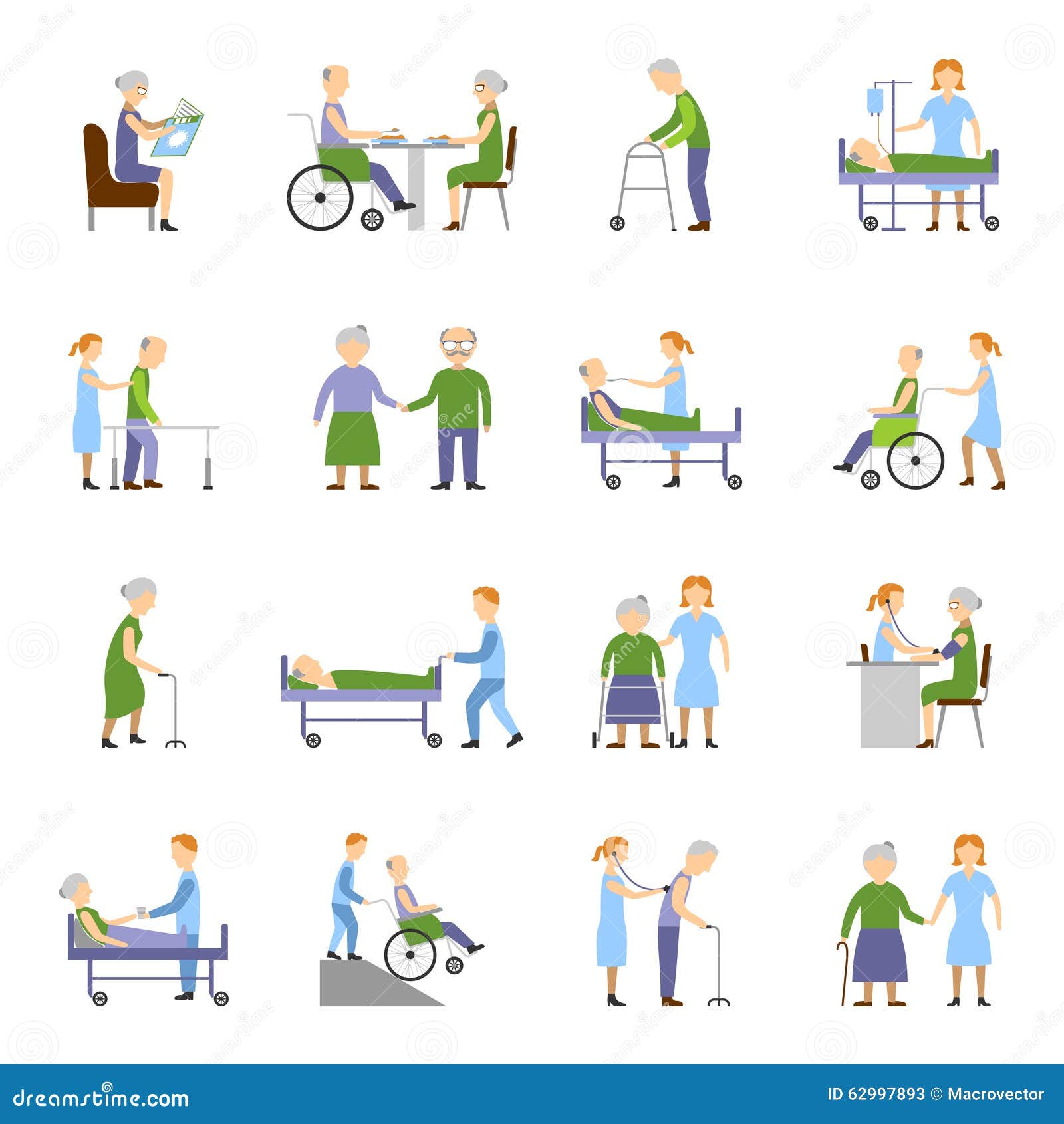nursing elderly people icons set wheelchair food drink symbols flat isolated vector illustration 62997893