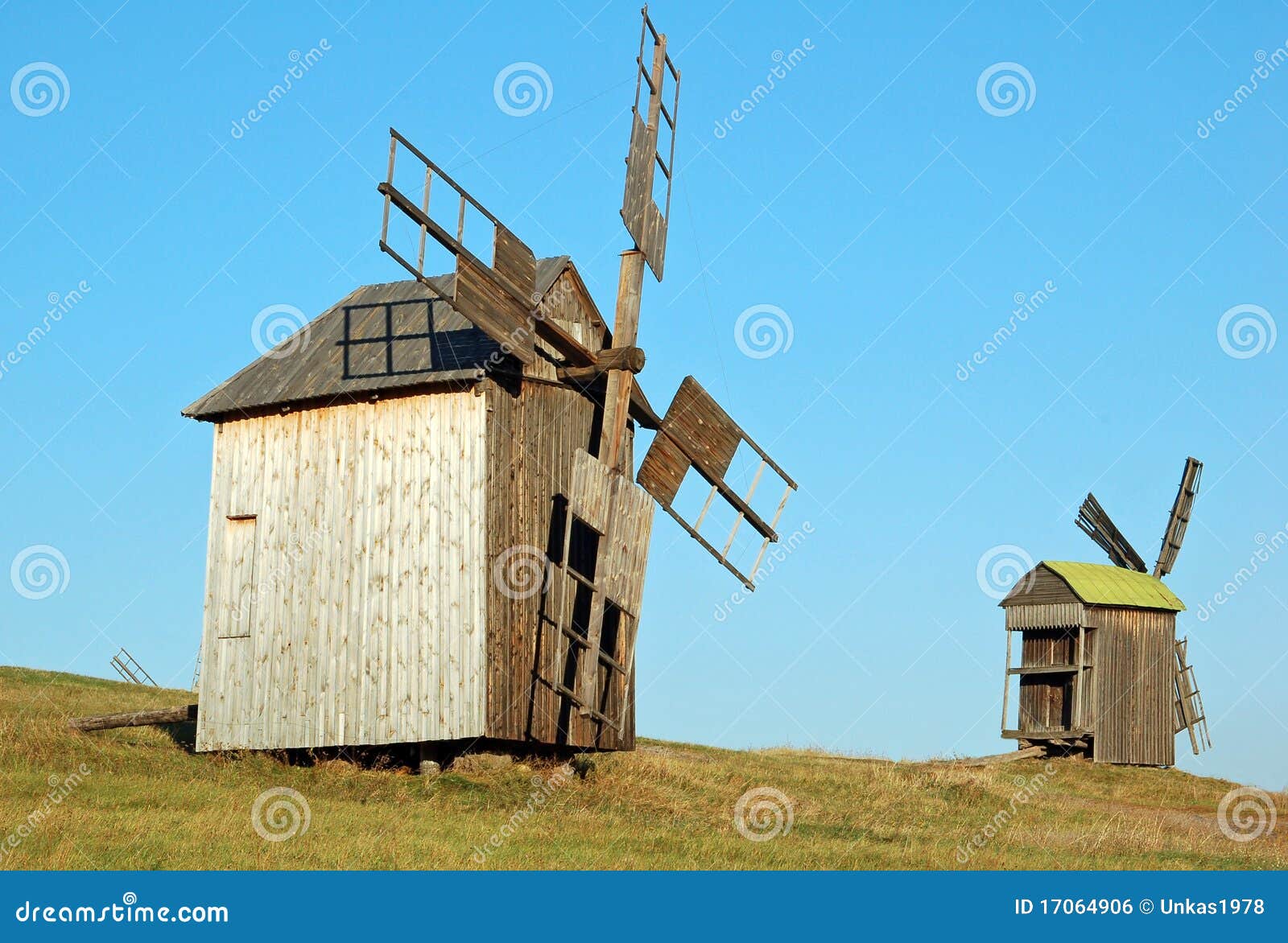 Antique ramshackle wooden windmill, Pirogovo, Kiev, Ukraine.
