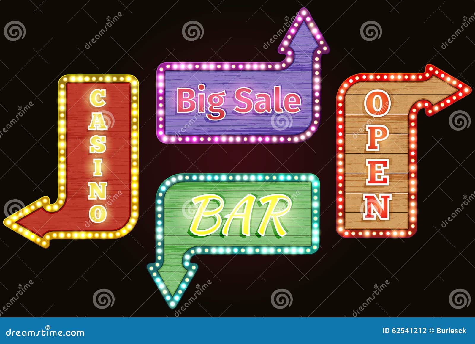 Open, Big Sale, Casino, Bar Retro Neon Signs Stock Vector