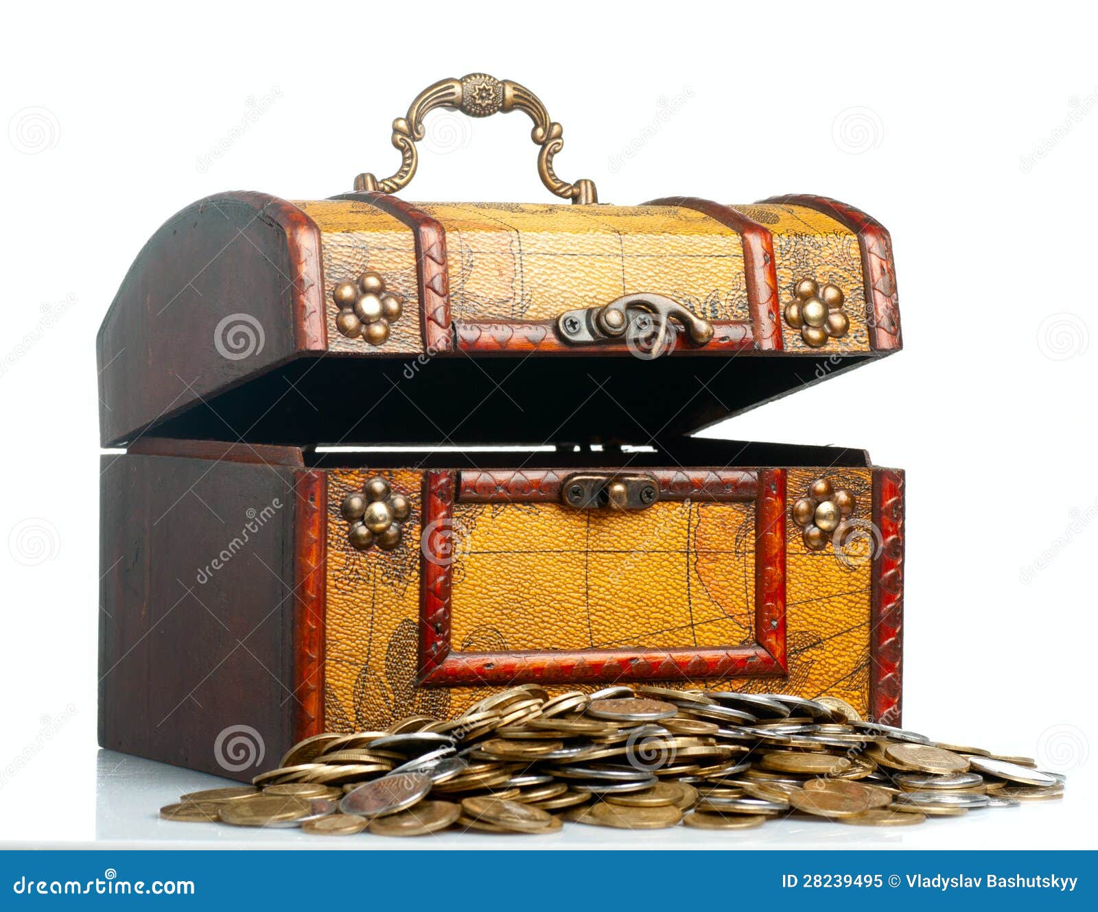 Royalty Free Stock Photo: Opened antique wooden treasure chest with 