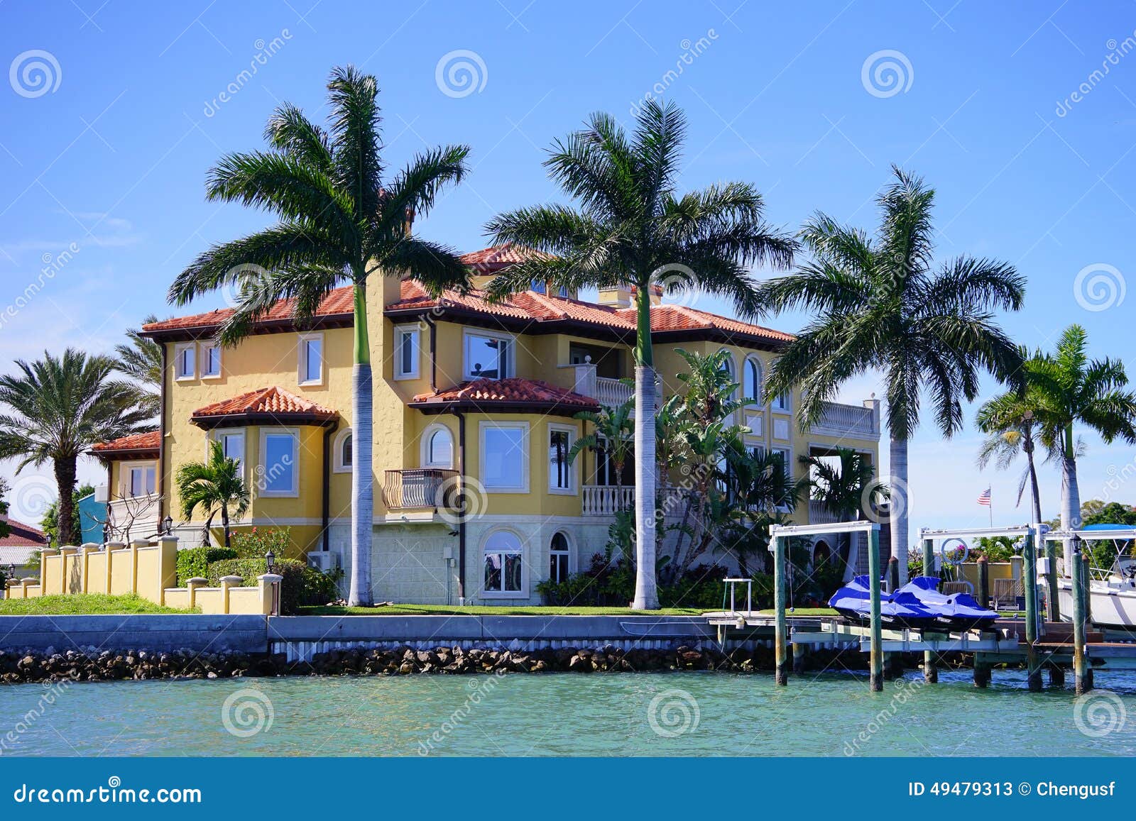 Panorama Of Luxury Beach House With Boat Dock Stock Photo ...