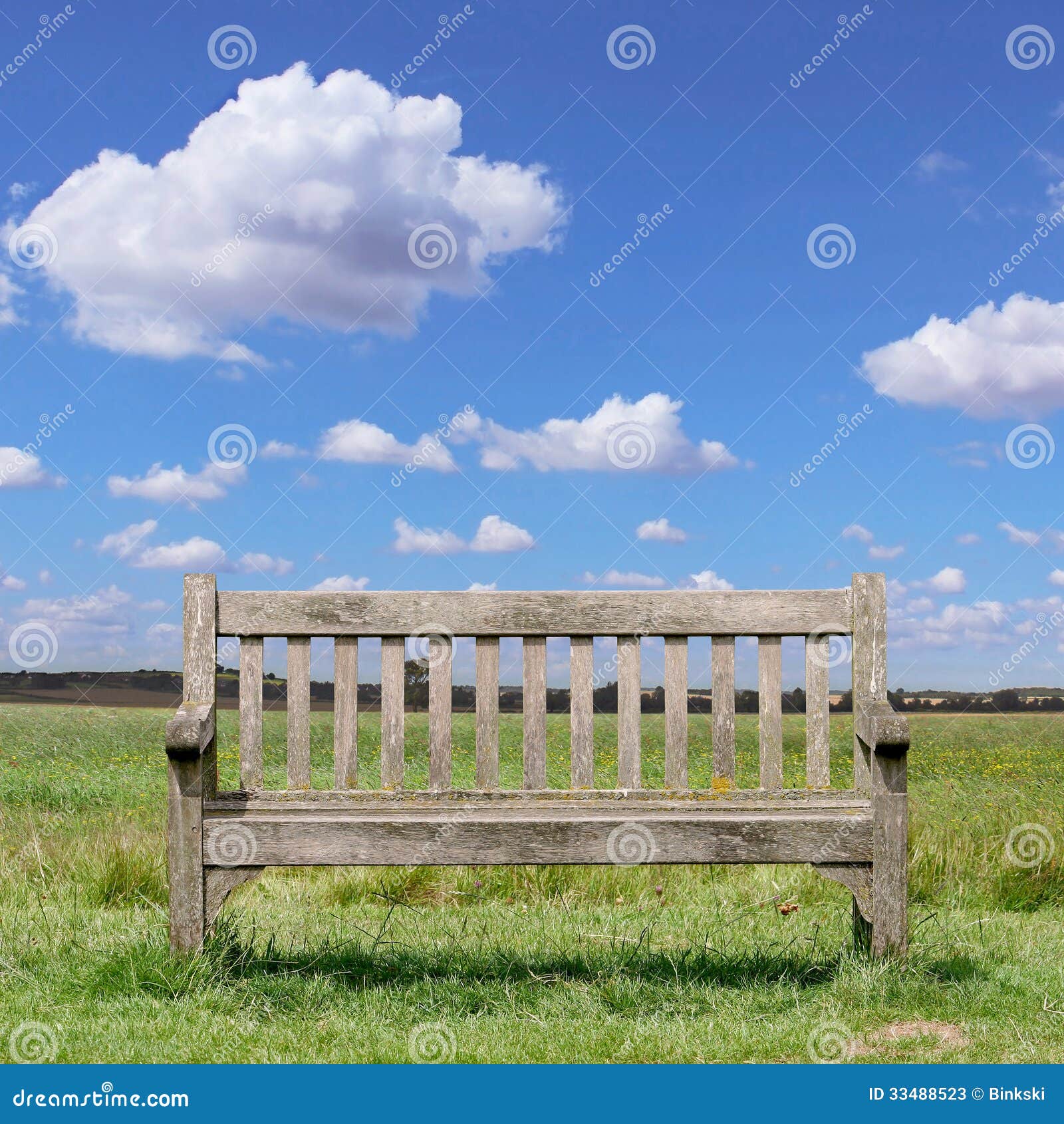 Wooden Park Bench with Grass and Blue Sky.