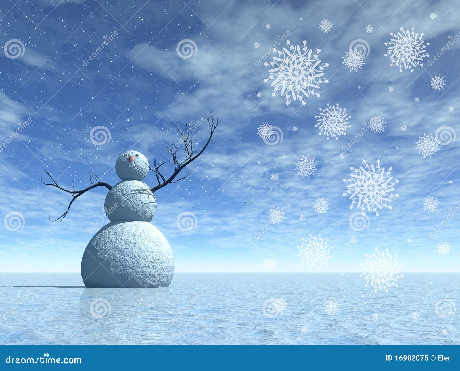 Paysage de l'hiver avec le bonhomme de neige et les flocons de neige ...