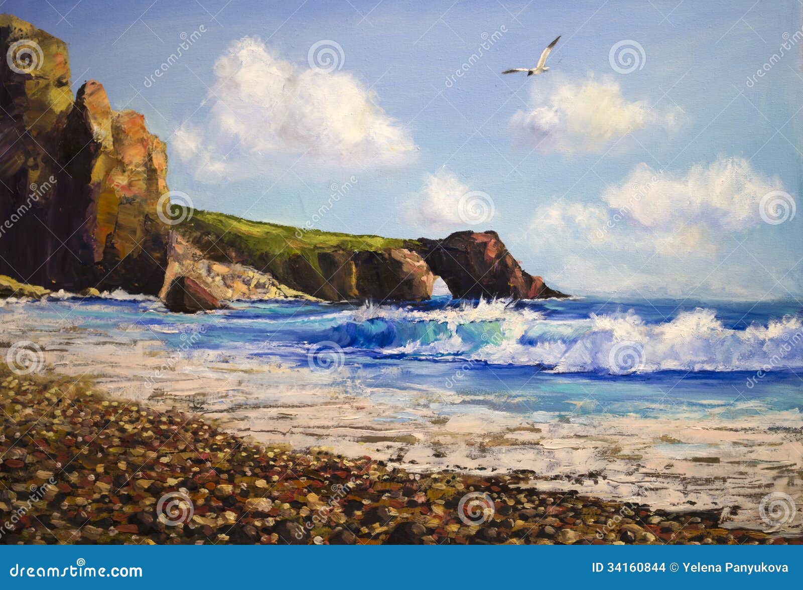 Peinture Ã  l'huile sur la toile, paysage de mer avec la mouette.