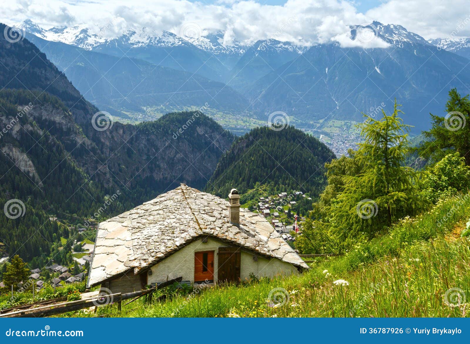 Paysage de montagne d'Ã©tÃ© avec la neige sur le dessus de bÃ¢ti et la ...