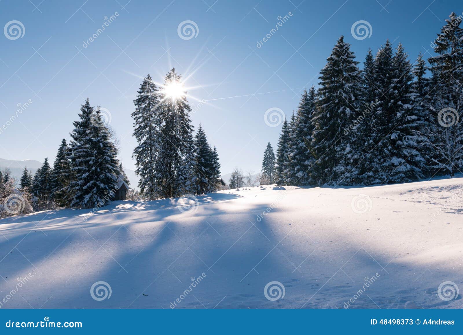 Photo stock: Paysage idyllique de neige d hiver avec la forÃªt et le ...