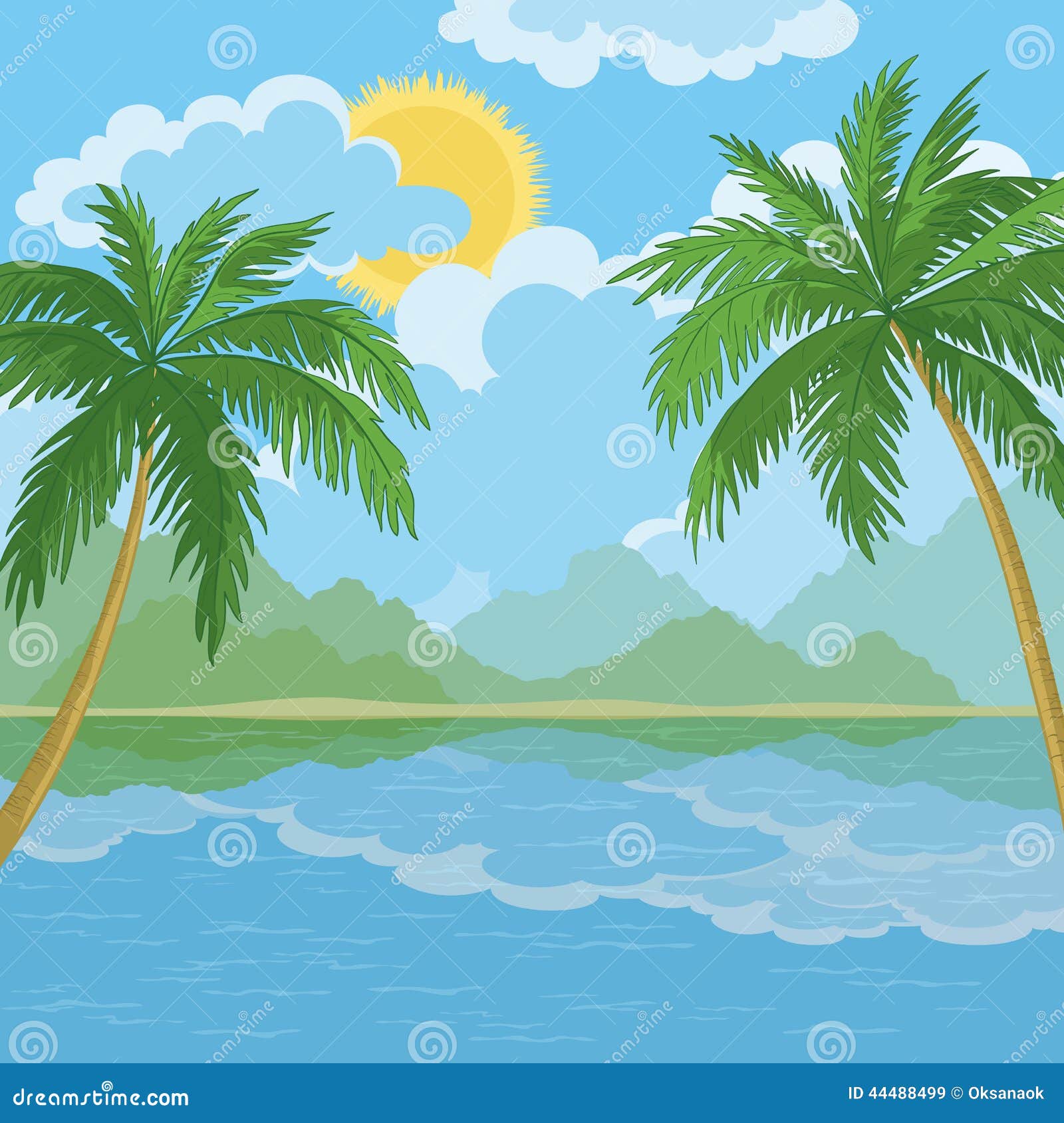 Paysage tropical, palmiers, Ã®le de mer et ciel avec les nuages et le ...