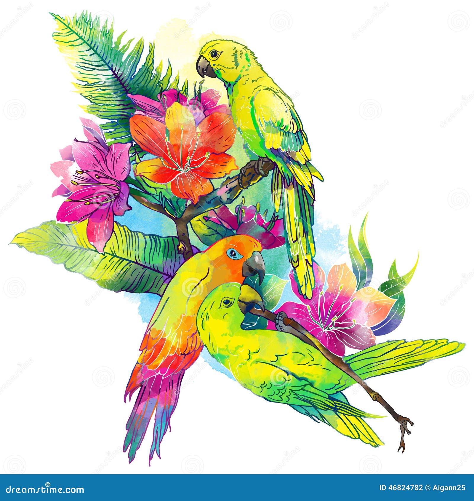 Perroquets Jaunes Et Fleurs Exotiques Illustration Stock - Image: 46824782
