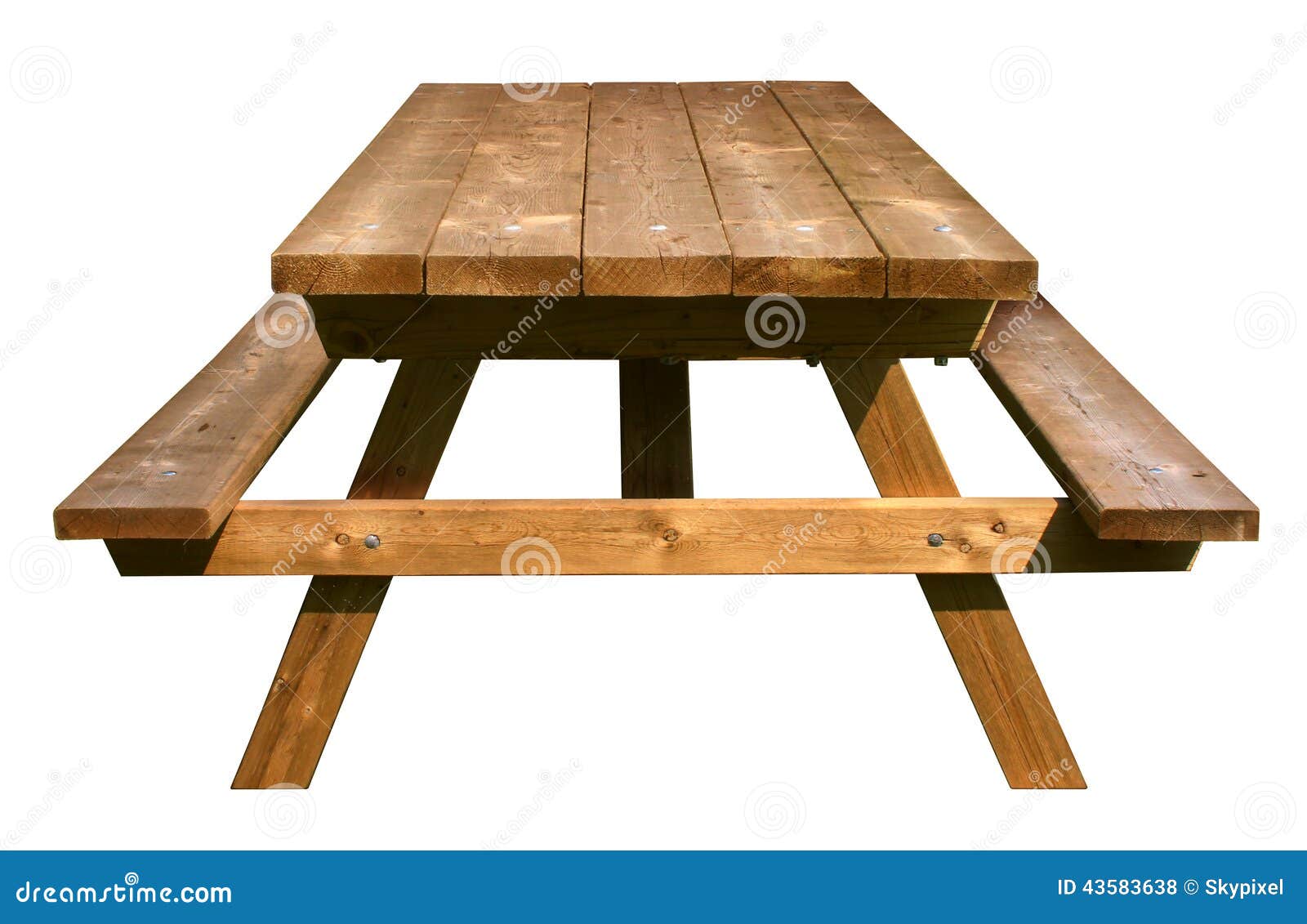 Picnic Table front view made of weathered wood on an isolated white 