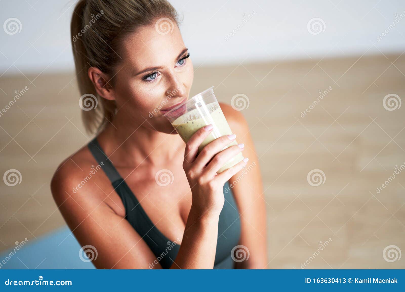 Adult Woman Drinking Healthy Smoothie After Workout Stock Image Image