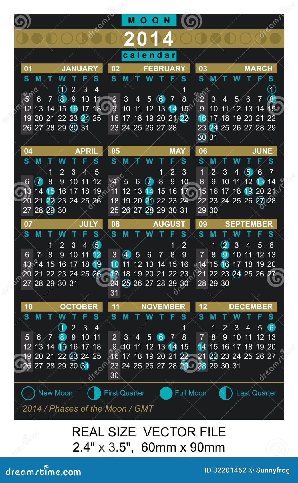 Pocket Calendar 2014, vector, start on Sundaywith Phases of the moon