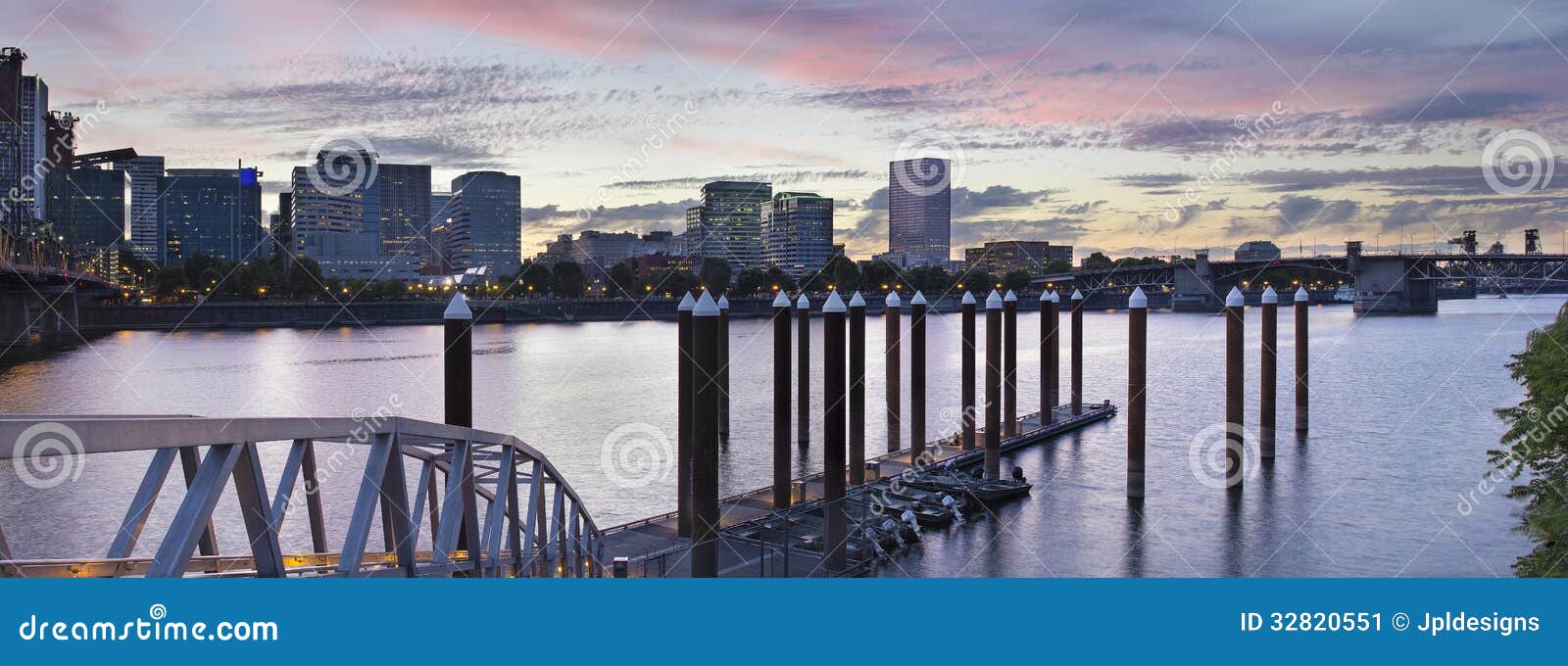 Portland Oregon Waterfront Skyline by the Boat Dock Along Willamette 