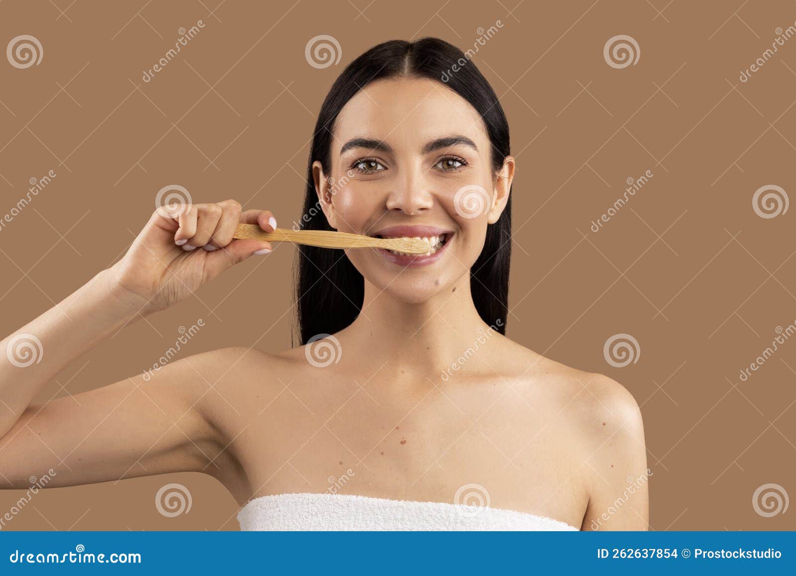 Portrait Of Attractive Cheerful Naked Woman Brushing Her Teeth Stock