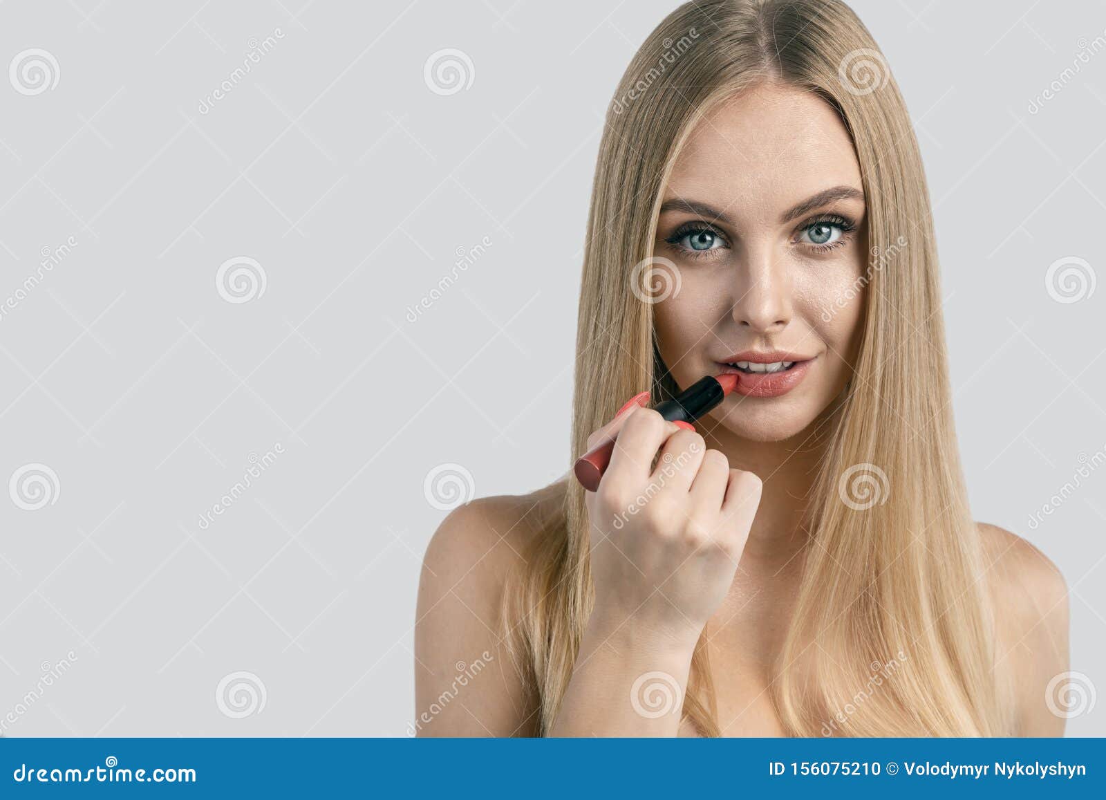 Attractive Blond Using Lipstick Stock Photo Image Of Lipstick Lips